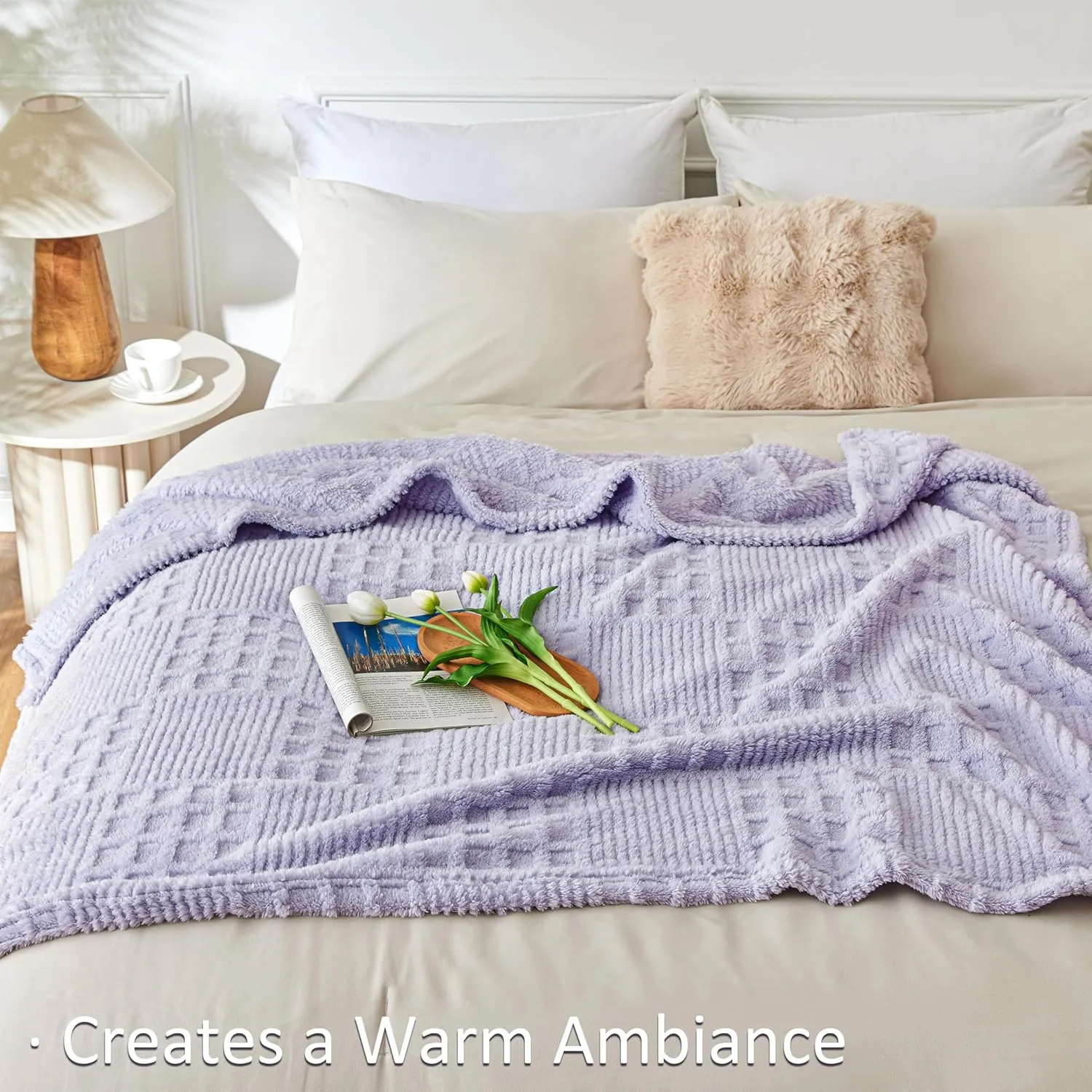 EXQ Home Fleece Throw Blanket for Couch or Bed - 3D Waffle Patchwork Pattern Jacquard Decorative Blankets - Cozy Soft Lightweight Fuzzy Flannel Blanket Suitable for All Seasons(50"×60",Light Purple)
