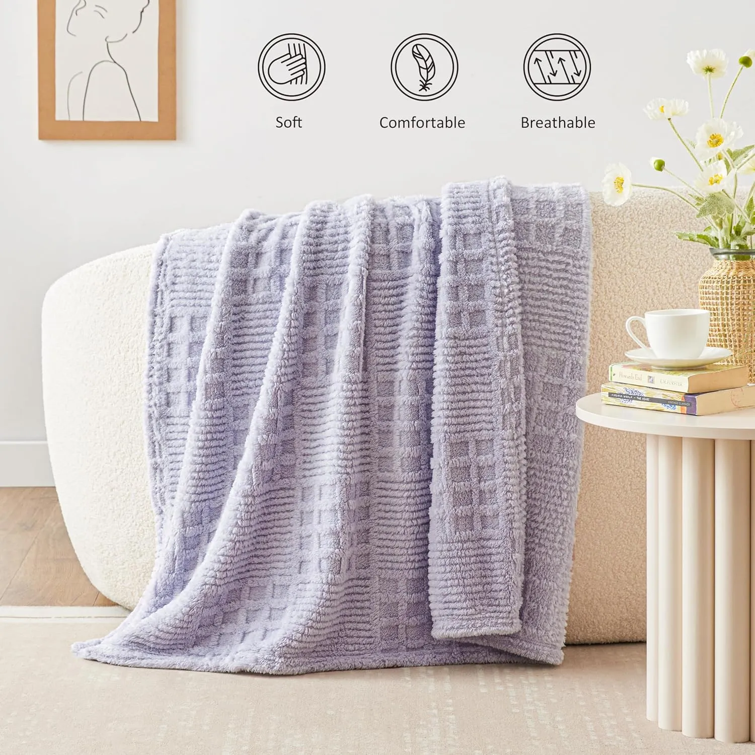 EXQ Home Fleece Throw Blanket for Couch or Bed - 3D Waffle Patchwork Pattern Jacquard Decorative Blankets - Cozy Soft Lightweight Fuzzy Flannel Blanket Suitable for All Seasons(50"×60",Light Purple)