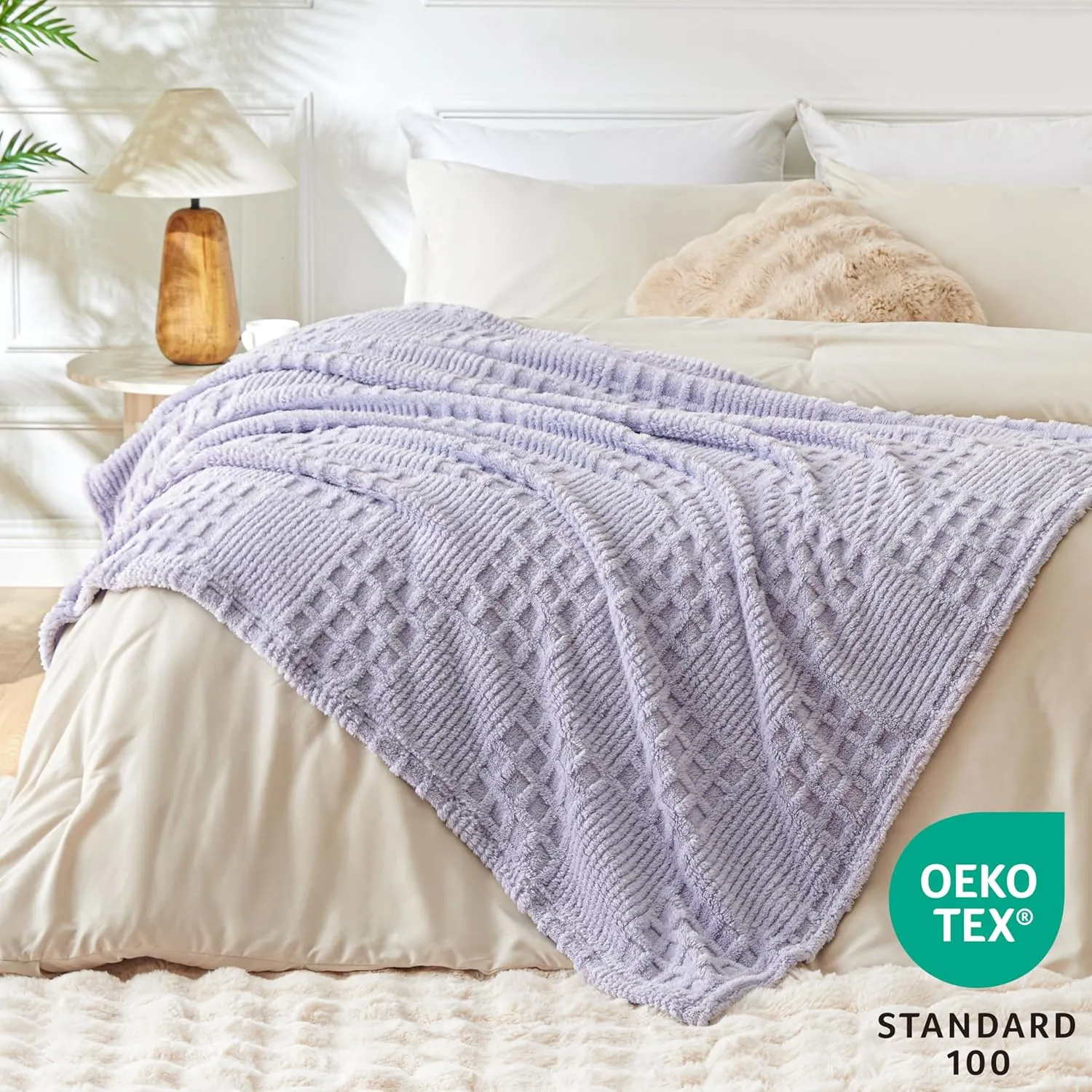 EXQ Home Fleece Throw Blanket for Couch or Bed - 3D Waffle Patchwork Pattern Jacquard Decorative Blankets - Cozy Soft Lightweight Fuzzy Flannel Blanket Suitable for All Seasons(50"×60",Light Purple)