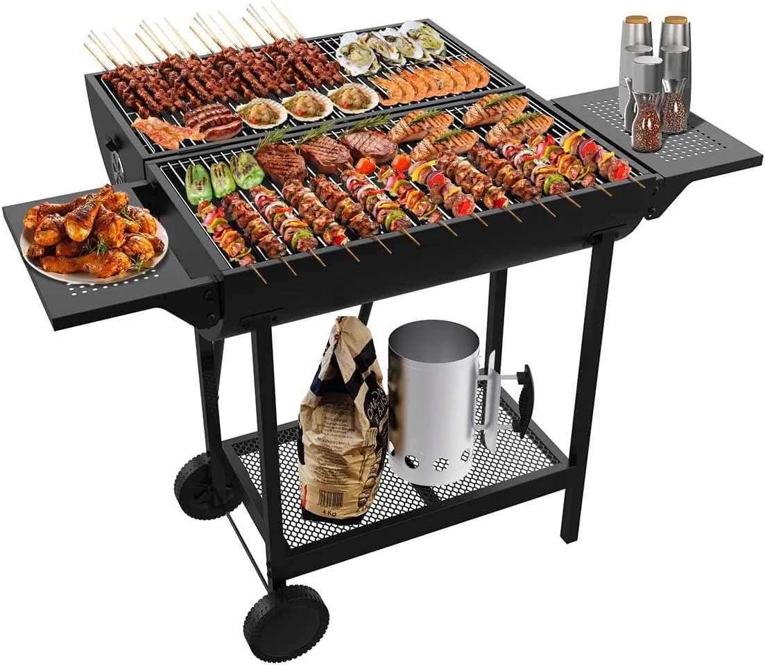 Extra Large Charcoal Barbecue Grill, 918 Square Inches Cooking Space, Outdoor BBQ Grill with 2 Foldable Side Tables for Outdoor Backyard Patio Picnic Parties Camping, Black