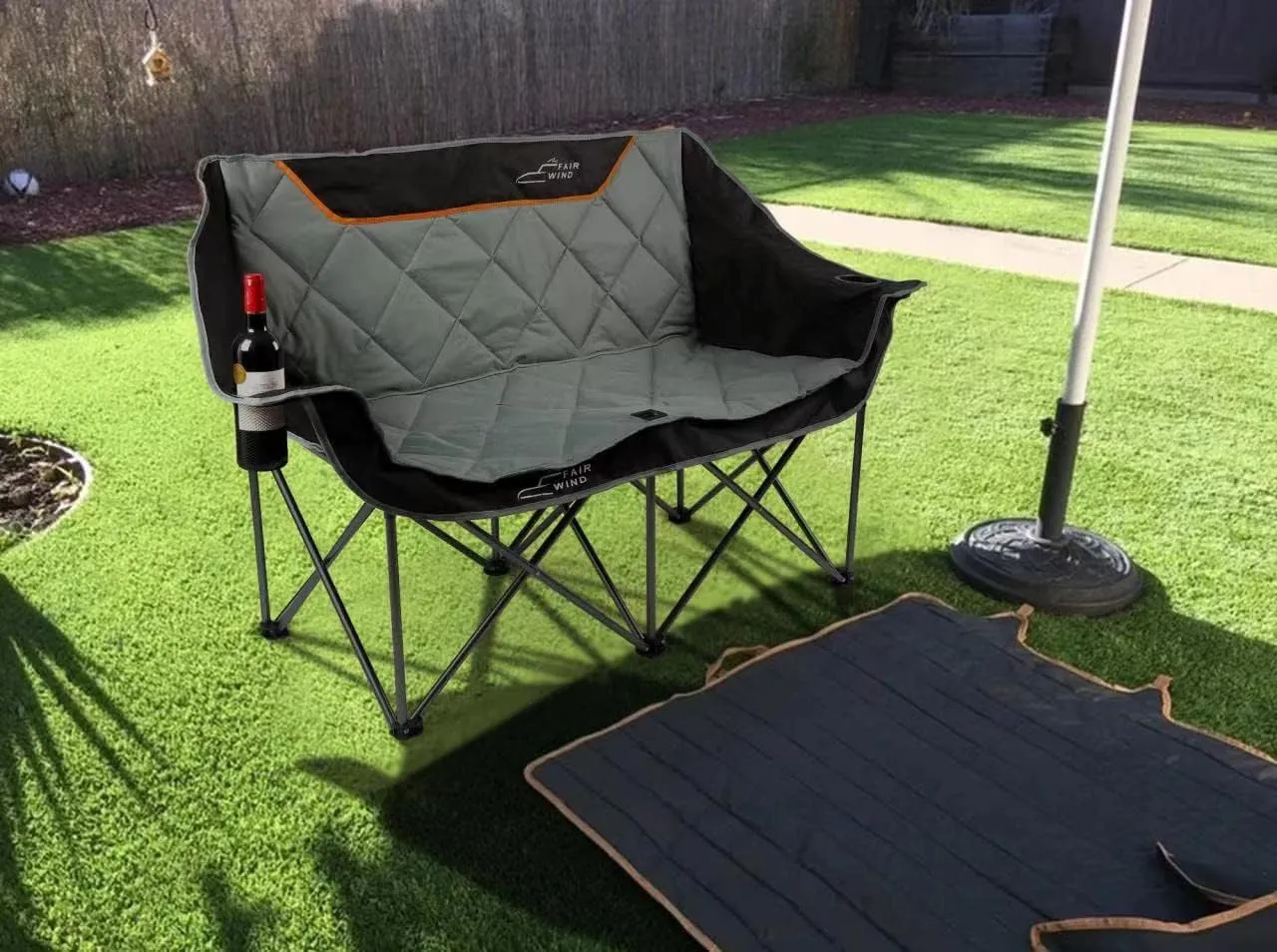 FAIR WIND Oversized Fully Padded Camping Chair Folding Loveseat Camping Couch Double Duo Chair Heavy Duty Quad Fold Arm Chair with Cup Hold - Supports 650 LBS Black