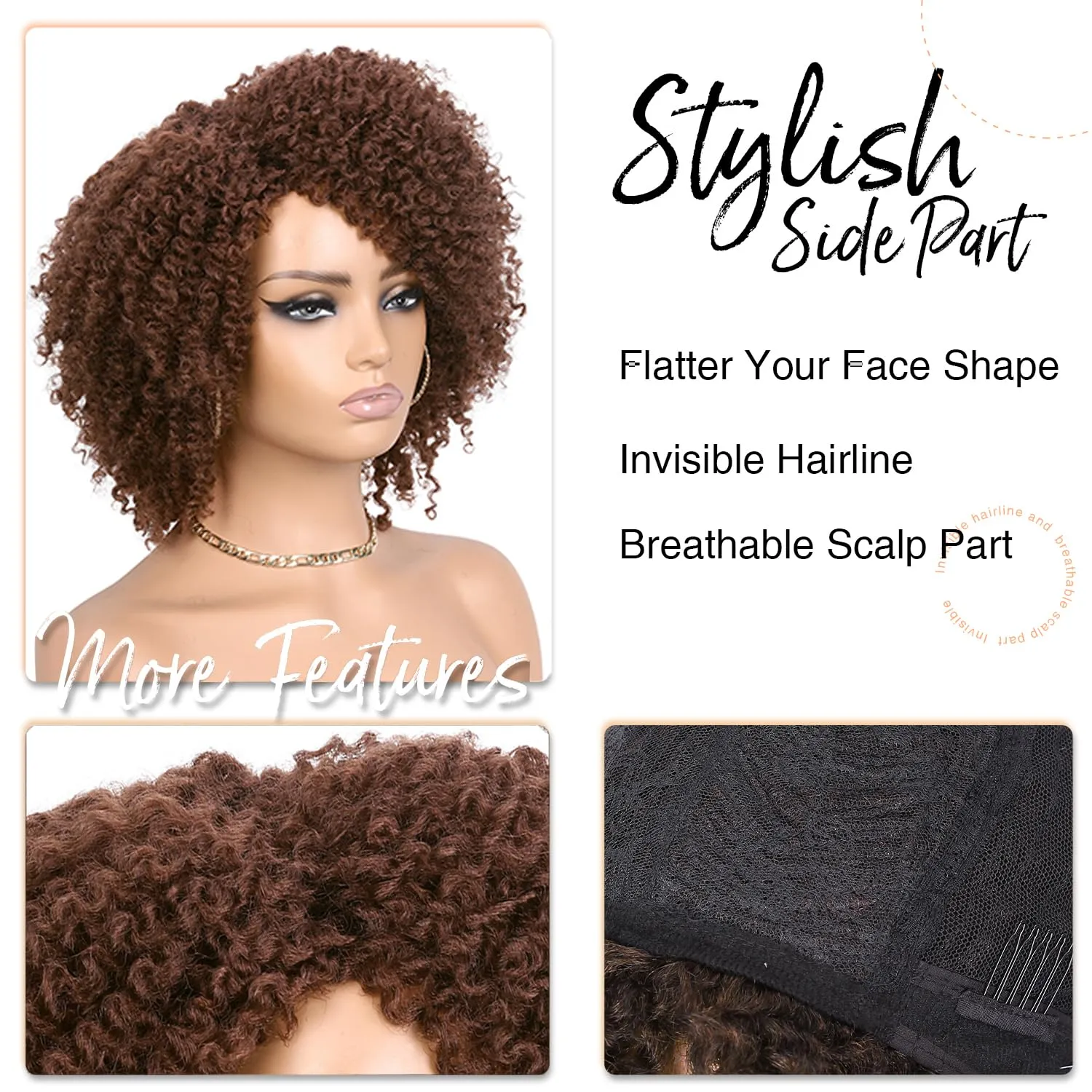 Fancy Hair Short Kinky Curly Wigs Brown Side Part Afro Wigs for Black Women Synthetic Yanky Twist Out Wig Natural Hairstyle for Daily Use (30#)