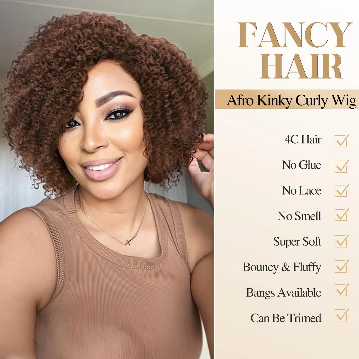 Fancy Hair Short Kinky Curly Wigs Brown Side Part Afro Wigs for Black Women Synthetic Yanky Twist Out Wig Natural Hairstyle for Daily Use (30#)