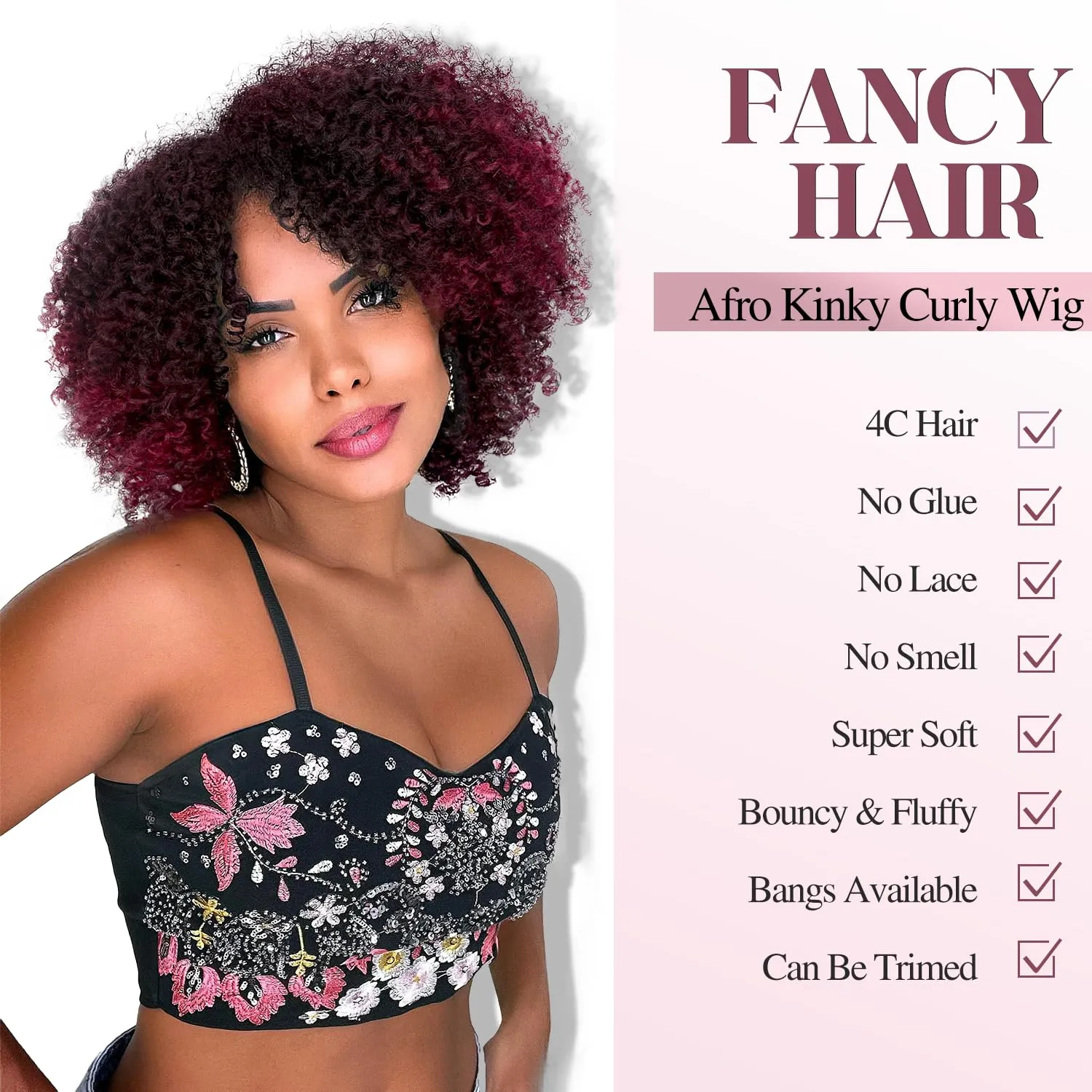 Fancy Hair Short Kinky Curly Wigs Ombre Burgundy Side Part Afro Wigs for Black Women Synthetic Yanky Twist Out Wig Natural Hairstyle for Daily Use (99J)