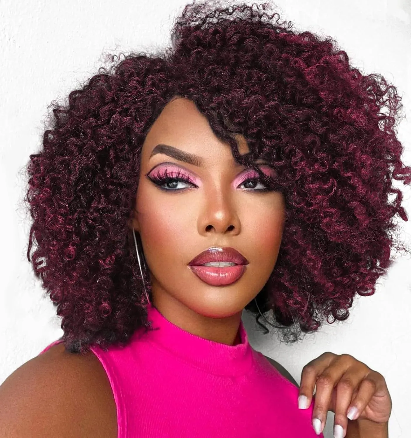 Fancy Hair Short Kinky Curly Wigs Ombre Burgundy Side Part Afro Wigs for Black Women Synthetic Yanky Twist Out Wig Natural Hairstyle for Daily Use (99J)
