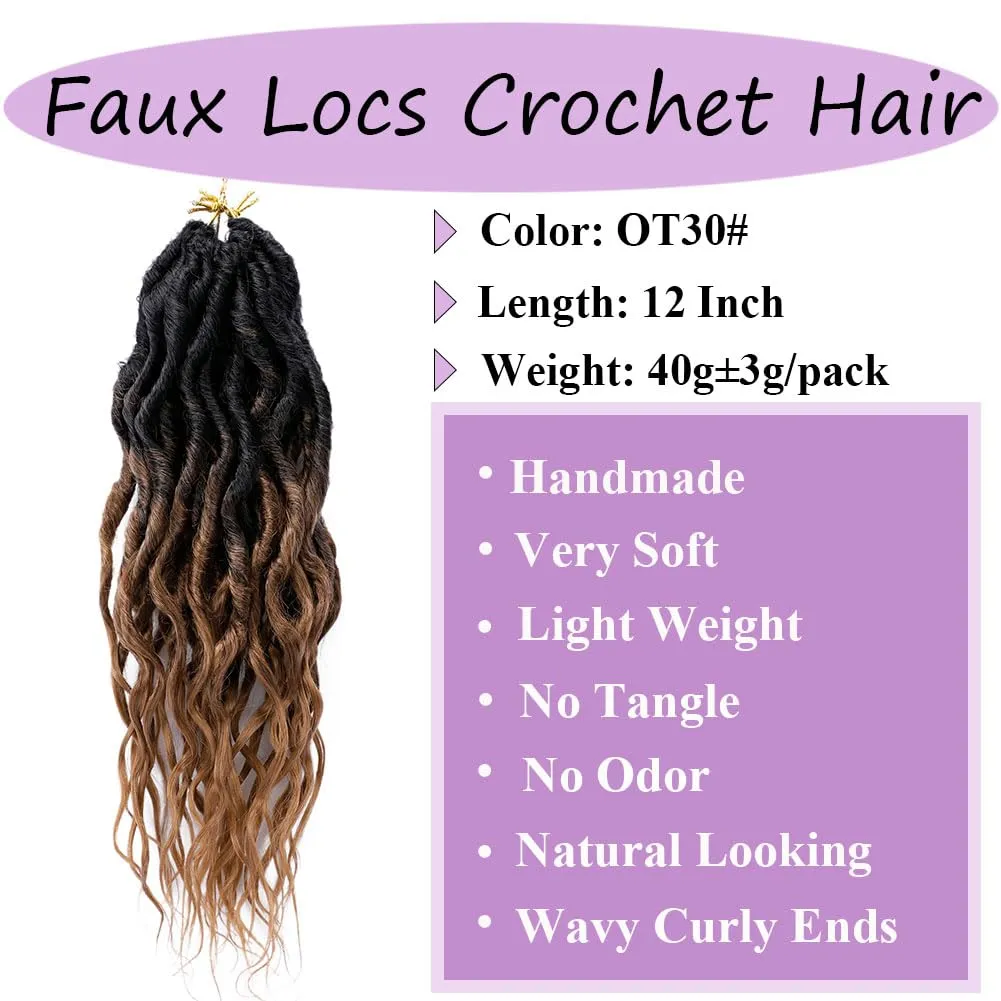 Faux Locs Crochet Hair 12 Inch 6 Packs Goddess Locs Crochet Hair for Women Soft Locs Pre Looped Crochet Braids with Wavy Curly Ends Queen Locs Synthetic Braids Extensions (OT30#)