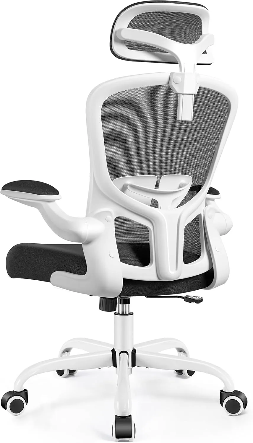 FelixKing Office Chair with Headrest, Home Office Desk Chairs with Flip-Up Armrests, Adjustable Height Ergonomic Office Chair Lumbar Support, Mesh Backrest Computer Chair (White)