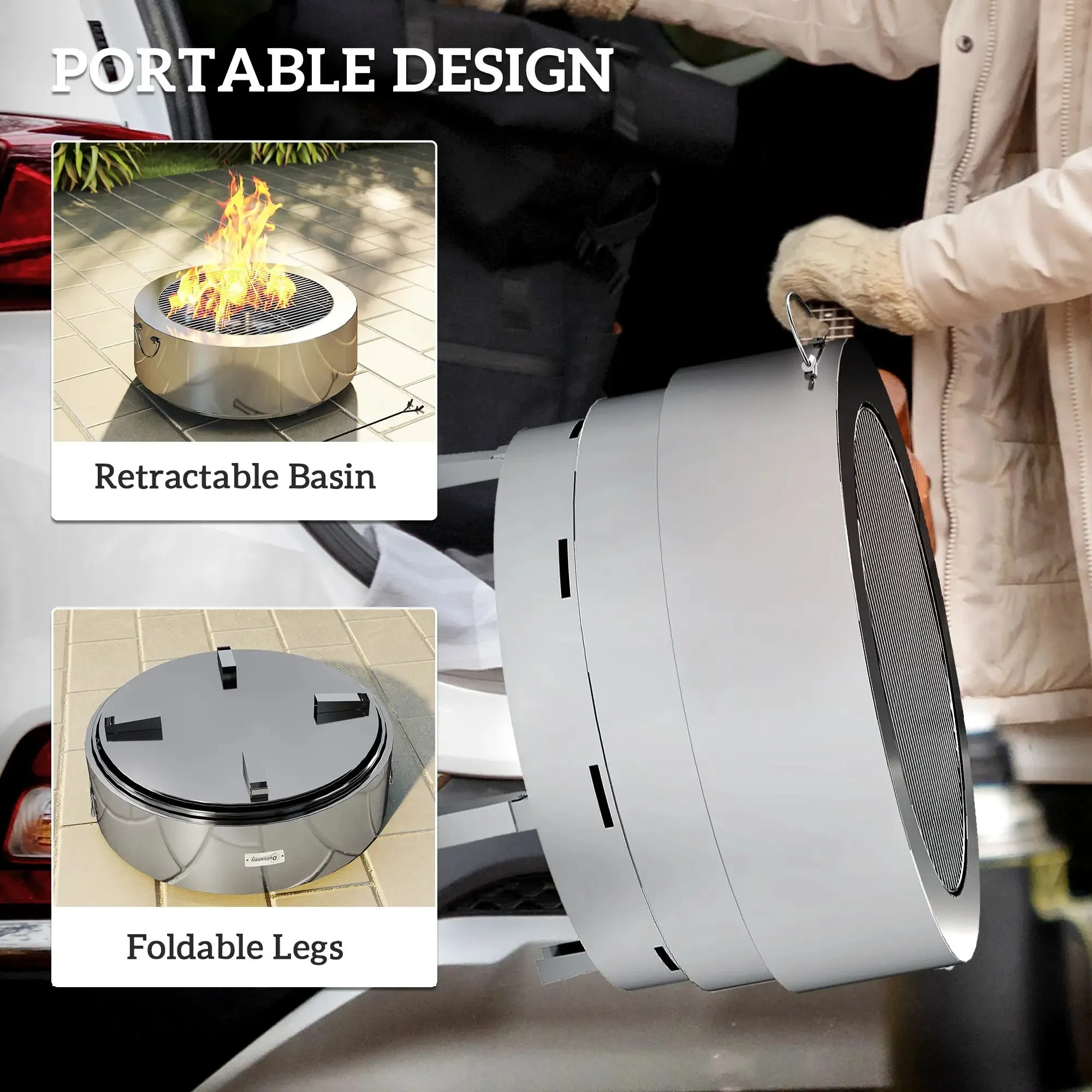 Fire - Wood-burning Silver Fast international shipping Pit Best deal Poker Stainless Steel With Outsunny