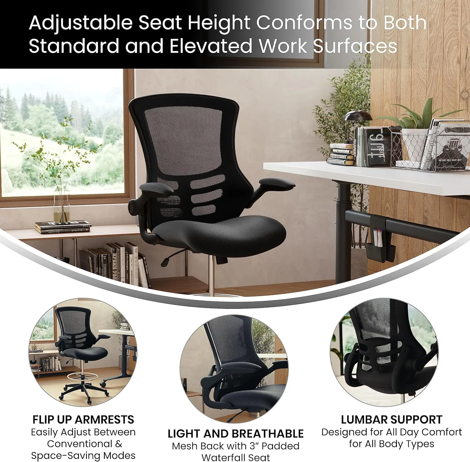 Flash Furniture Kelista Mid-Back Swivel Office Chair with Adjustable Seat Height, Ergonomic Mesh Desk Chair with Flip-Up Armrests, Black