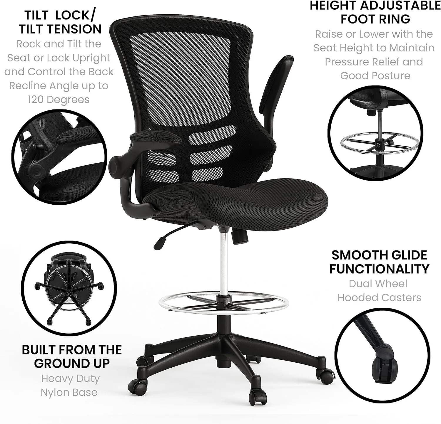 Flash Furniture Kelista Mid-Back Swivel Office Chair with Adjustable Seat Height, Ergonomic Mesh Desk Chair with Flip-Up Armrests, Black