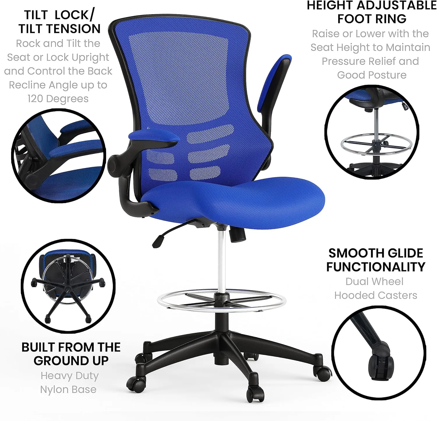 Flash Furniture Kelista Mid-Back Swivel Office Chair with Adjustable Seat Height, Ergonomic Mesh Desk Chair with Flip-Up Armrests, Blue