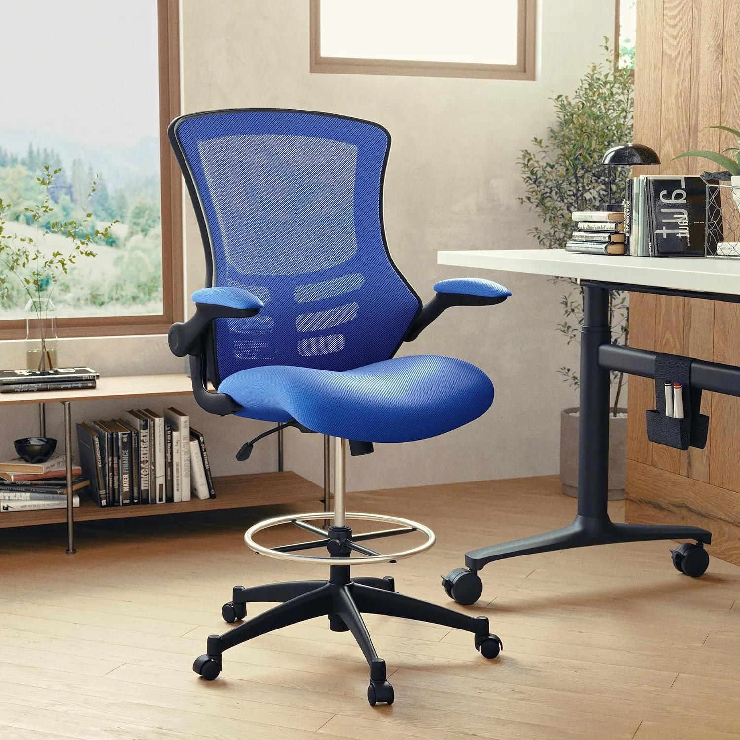 Flash Furniture Kelista Mid-Back Swivel Office Chair with Adjustable Seat Height, Ergonomic Mesh Desk Chair with Flip-Up Armrests, Blue