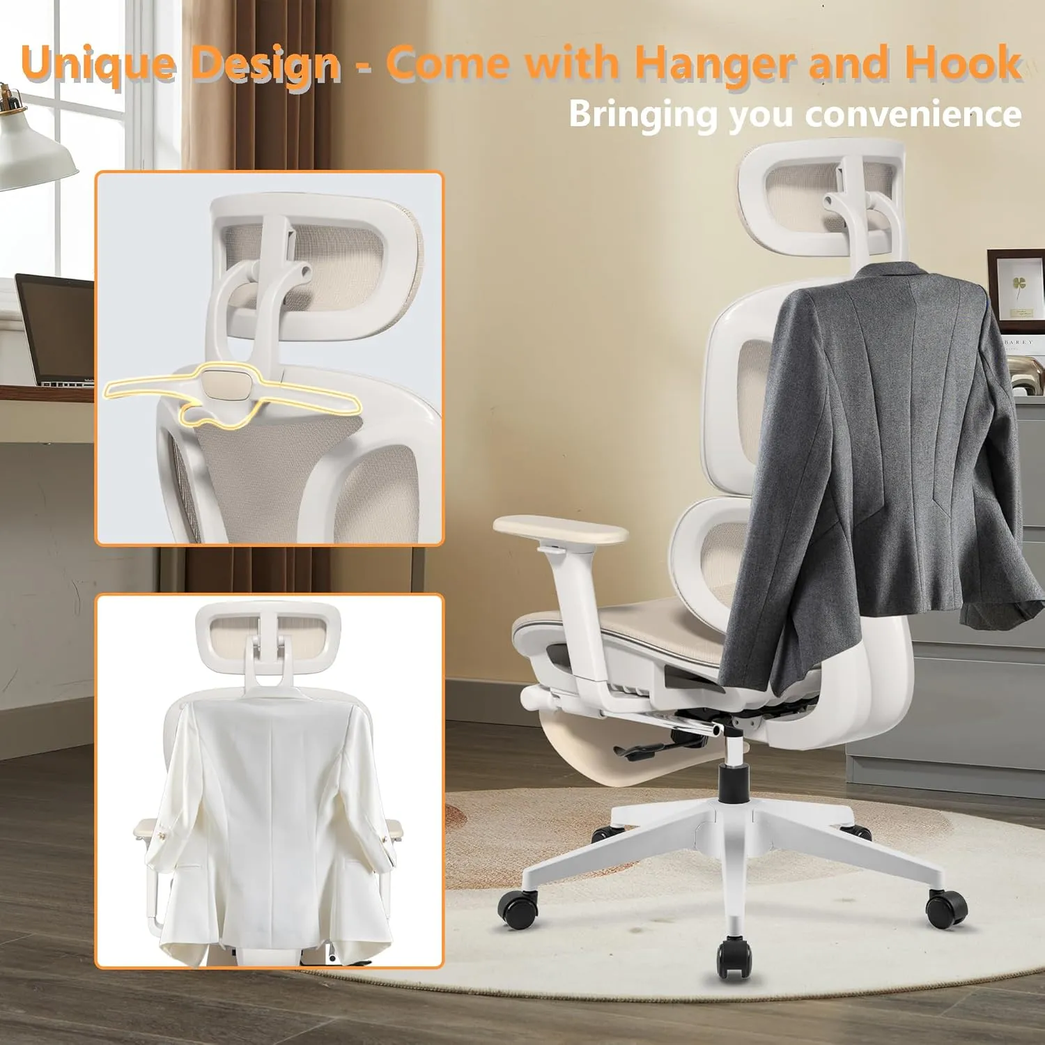 FLEXISPOT Big and Tall Mesh Office Chair, Computer Desk Chair Adjustable Swivel Chair with Footrest Lumbar Support Headrest and 360°Rotation for Home Office, Cream Mesh