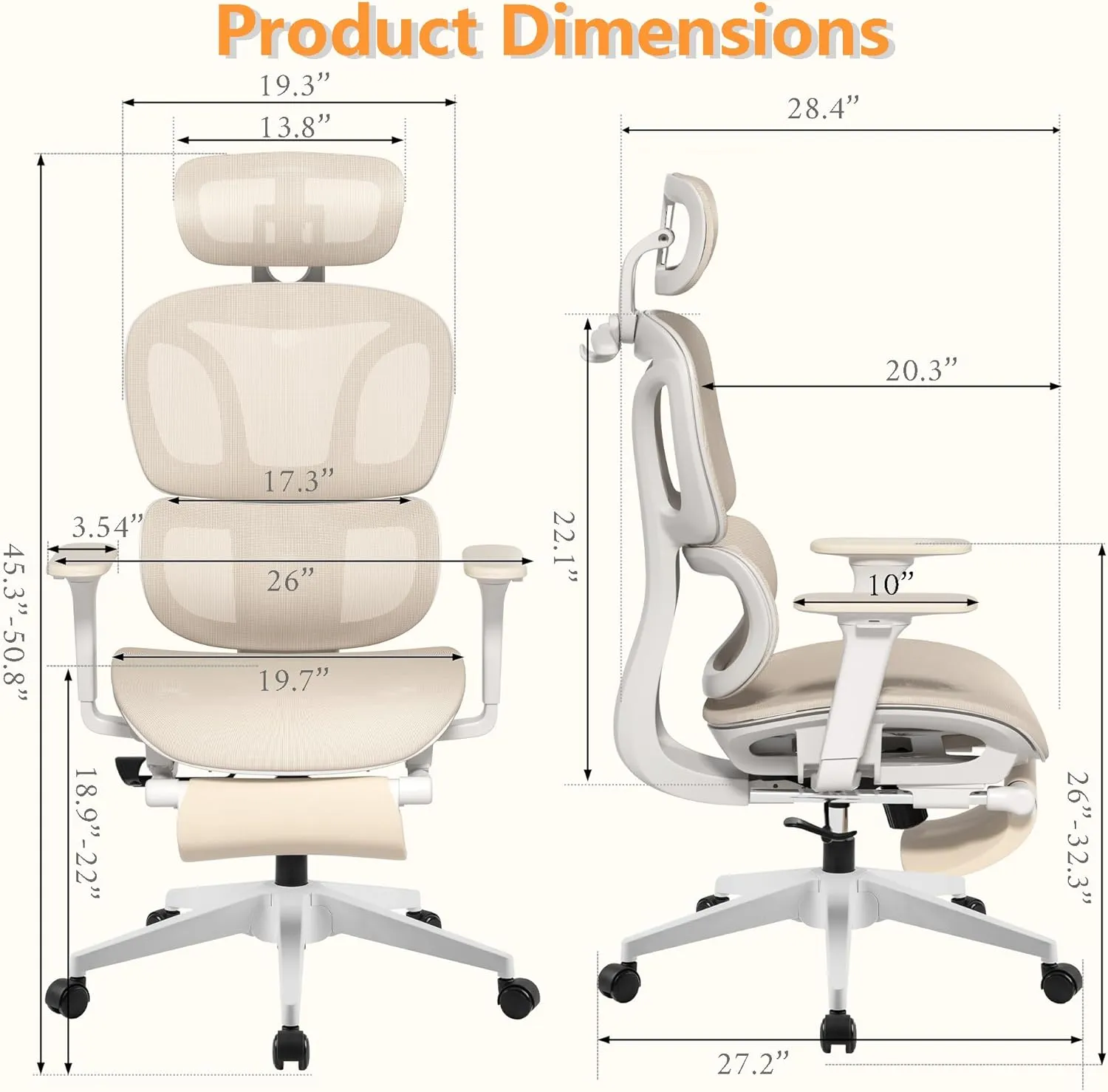 FLEXISPOT Big and Tall Mesh Office Chair, Computer Desk Chair Adjustable Swivel Chair with Footrest Lumbar Support Headrest and 360°Rotation for Home Office, Cream Mesh
