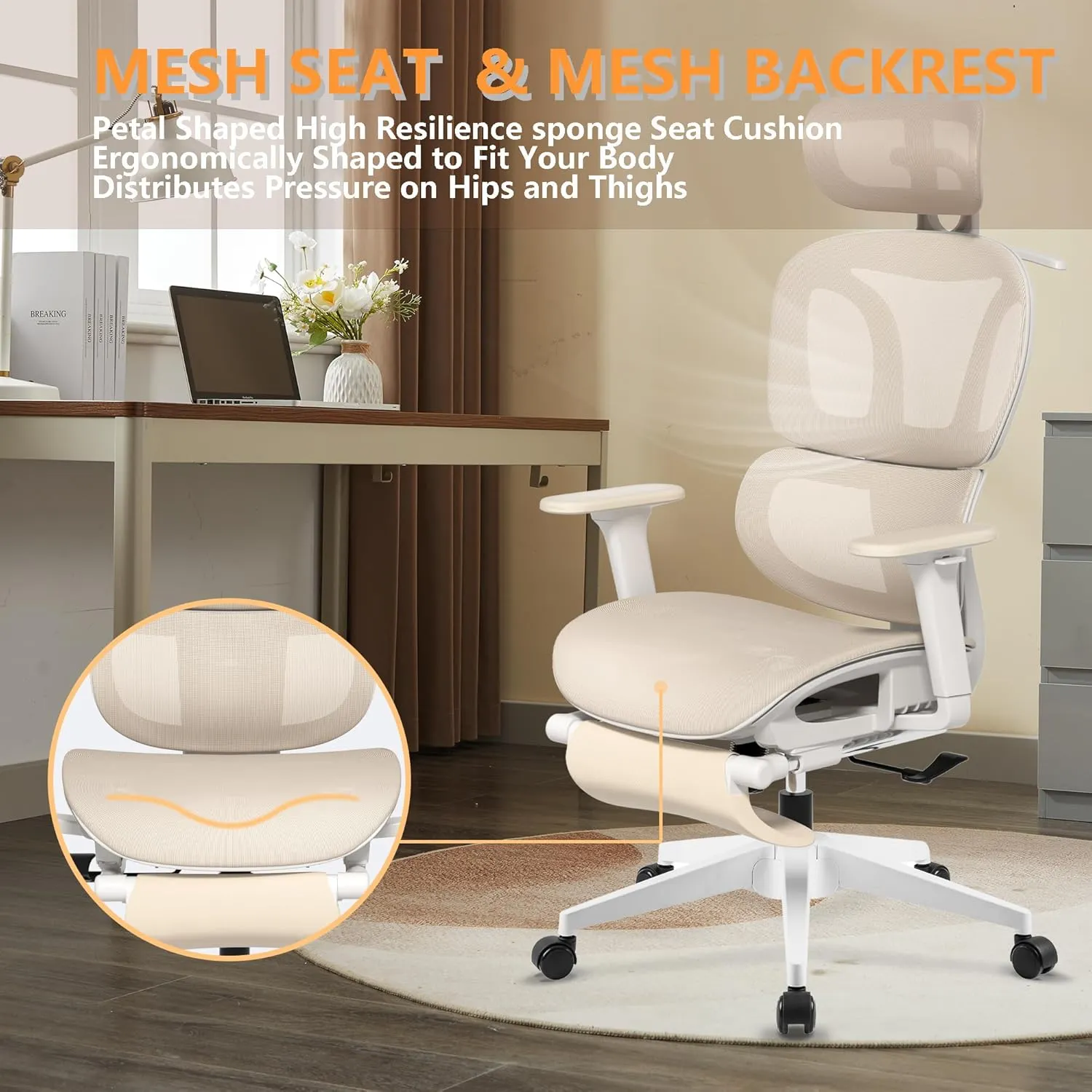 FLEXISPOT Big and Tall Mesh Office Chair, Computer Desk Chair Adjustable Swivel Chair with Footrest Lumbar Support Headrest and 360°Rotation for Home Office, Cream Mesh