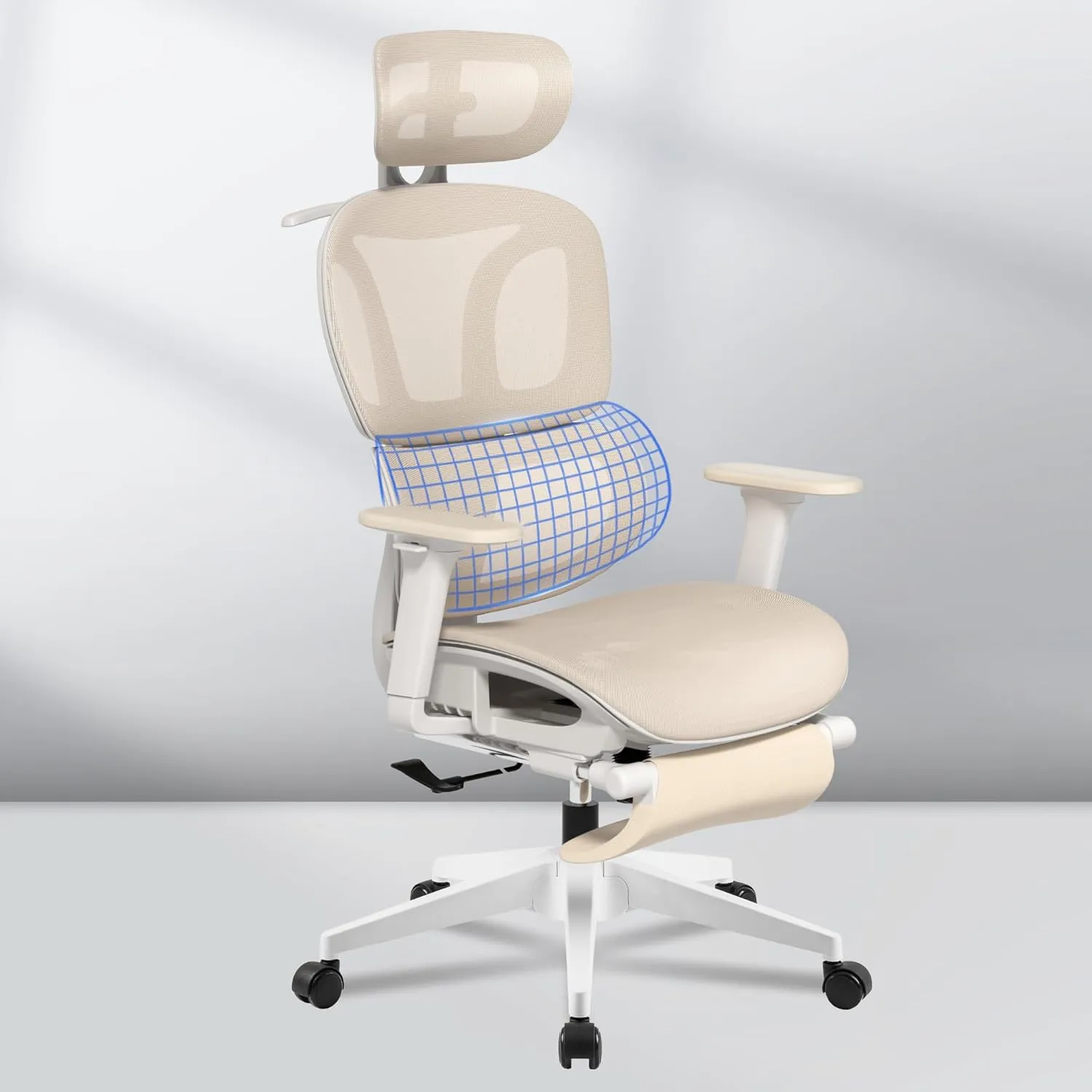 FLEXISPOT Big and Tall Mesh Office Chair, Computer Desk Chair Adjustable Swivel Chair with Footrest Lumbar Support Headrest and 360°Rotation for Home Office, Cream Mesh