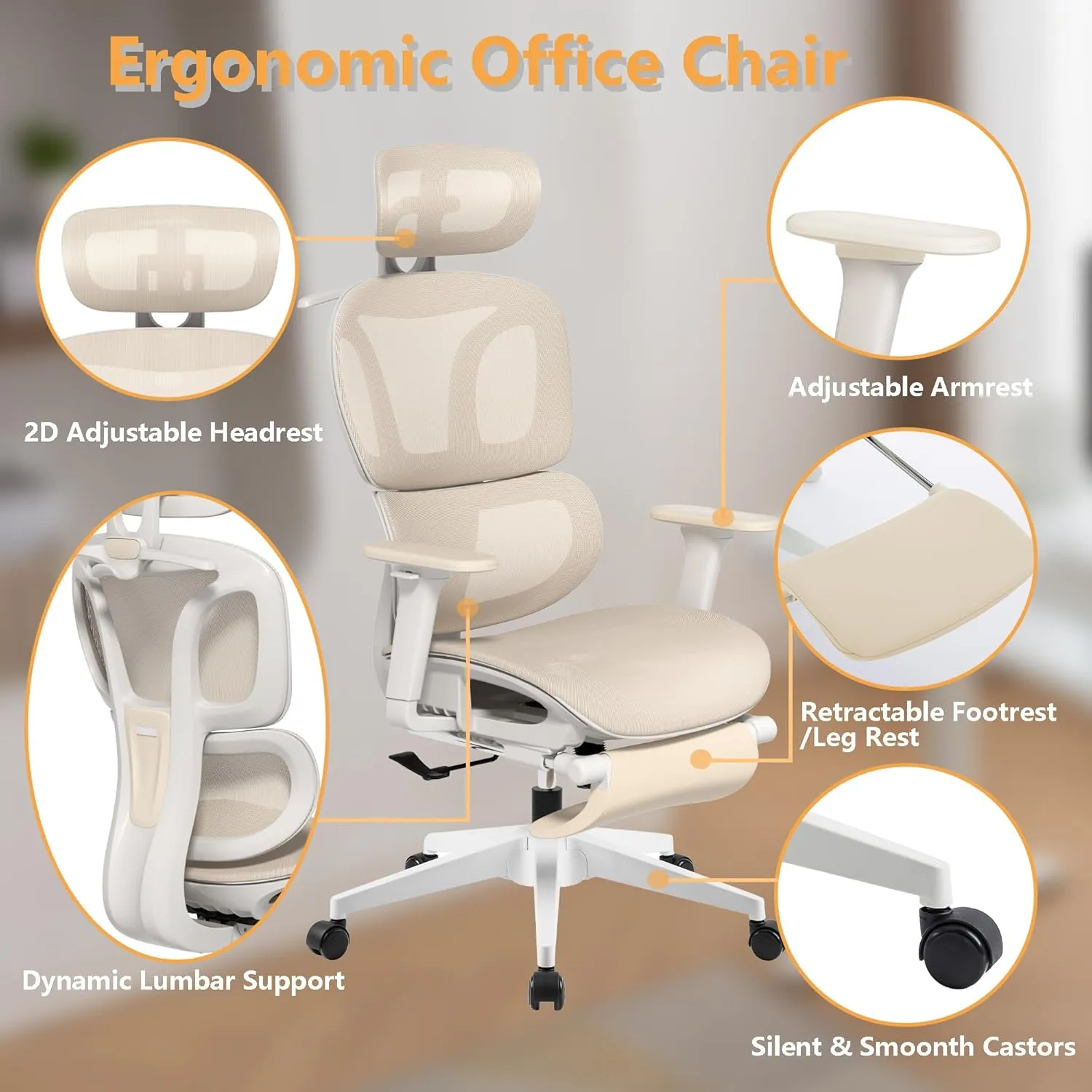 FLEXISPOT Big and Tall Mesh Office Chair, Computer Desk Chair Adjustable Swivel Chair with Footrest Lumbar Support Headrest and 360°Rotation for Home Office, Cream Mesh
