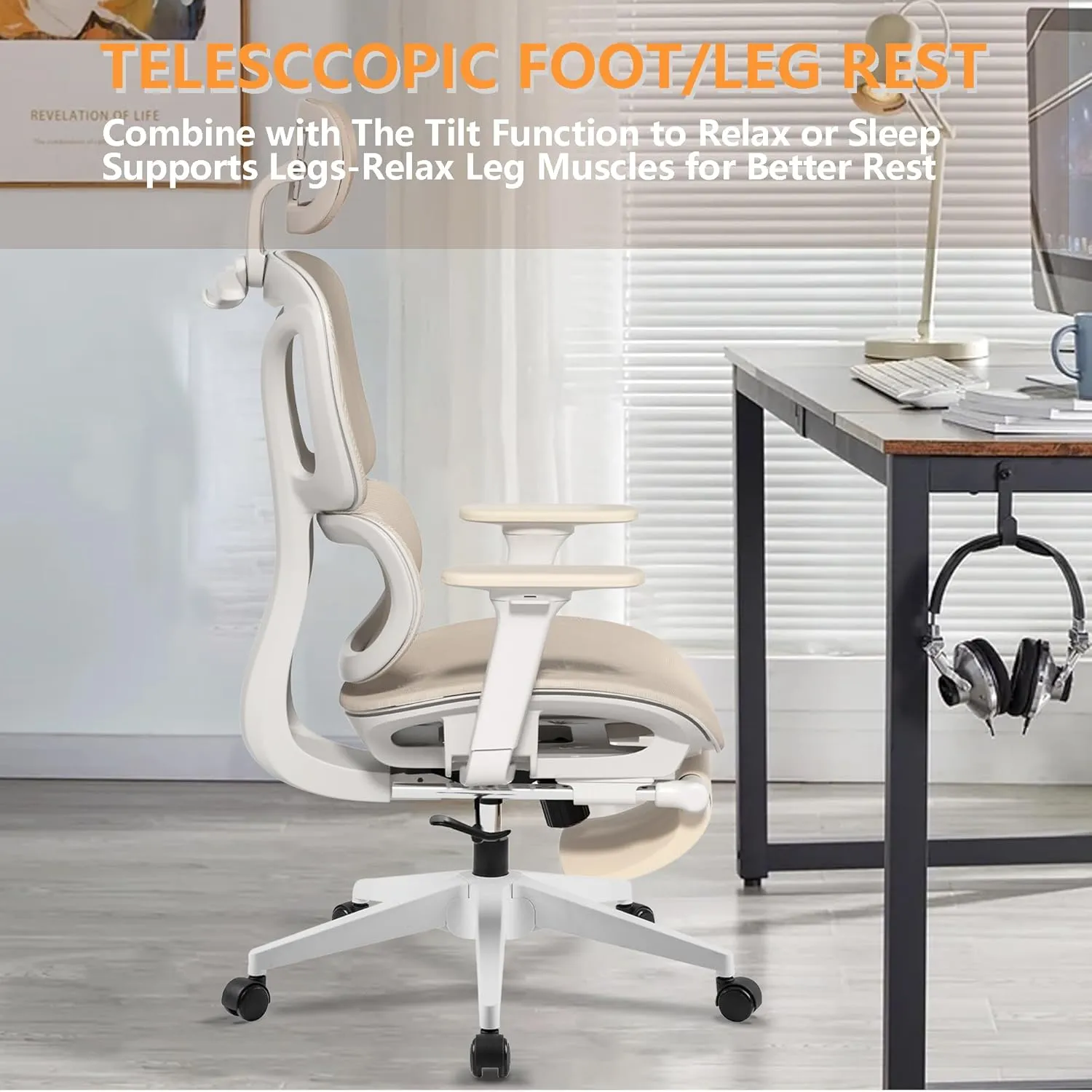 FLEXISPOT Big and Tall Mesh Office Chair, Computer Desk Chair Adjustable Swivel Chair with Footrest Lumbar Support Headrest and 360°Rotation for Home Office, Cream Mesh