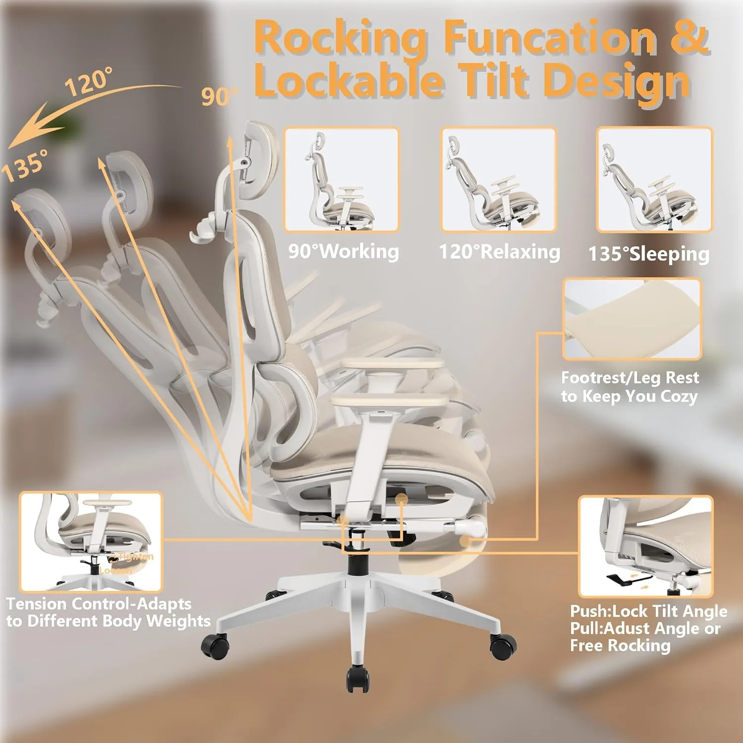 FLEXISPOT Big and Tall Mesh Office Chair, Computer Desk Chair Adjustable Swivel Chair with Footrest Lumbar Support Headrest and 360°Rotation for Home Office, Cream Mesh