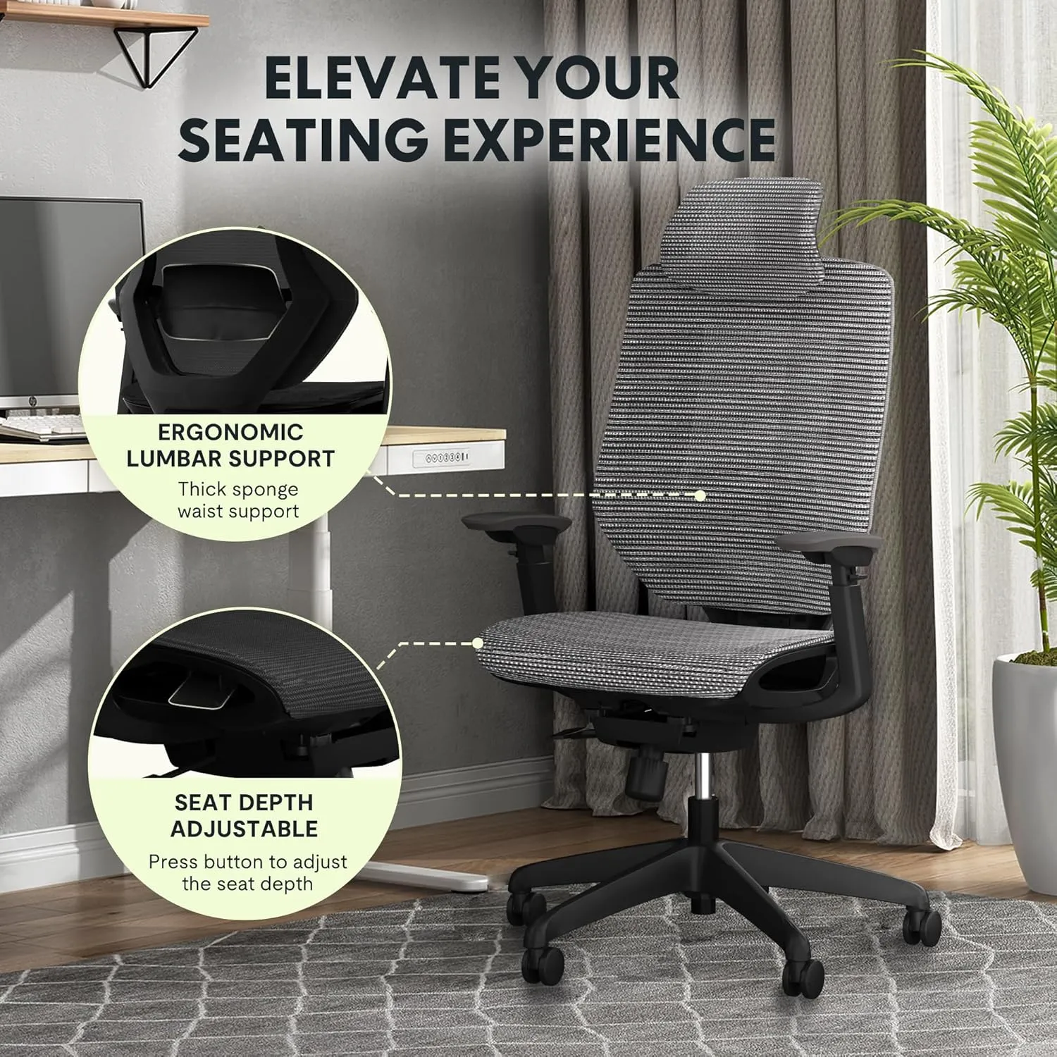 FLEXISPOT Upgraded OC6 Big and Tall Office Chair Heavy Duty,4D Armrest Mesh Ergonomic Home Office Chair with High Back,Lumbar Support,Tilt Function,and 360°Swivel Wheels(Light Grey)