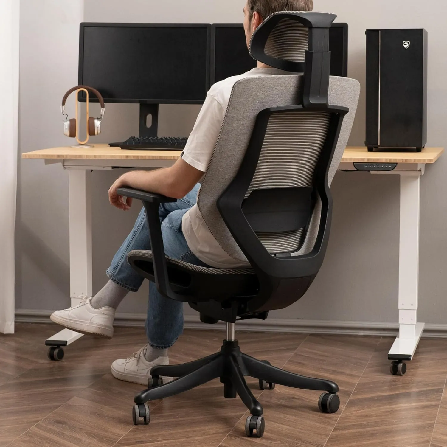 FLEXISPOT Upgraded OC6 Big and Tall Office Chair Heavy Duty,4D Armrest Mesh Ergonomic Home Office Chair with High Back,Lumbar Support,Tilt Function,and 360°Swivel Wheels(Light Grey)