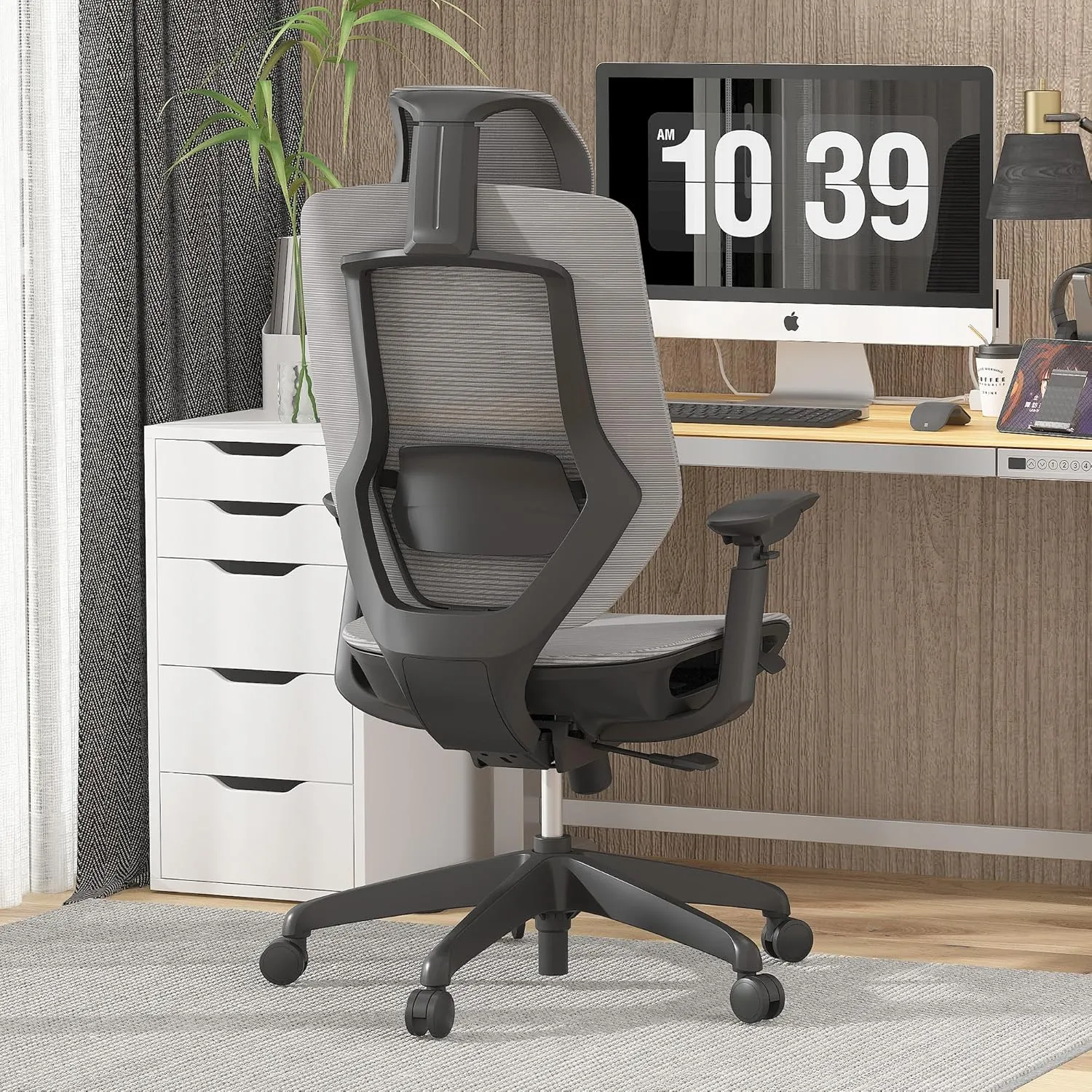 FLEXISPOT Upgraded OC6 Big and Tall Office Chair Heavy Duty,4D Armrest Mesh Ergonomic Home Office Chair with High Back,Lumbar Support,Tilt Function,and 360°Swivel Wheels(Light Grey)