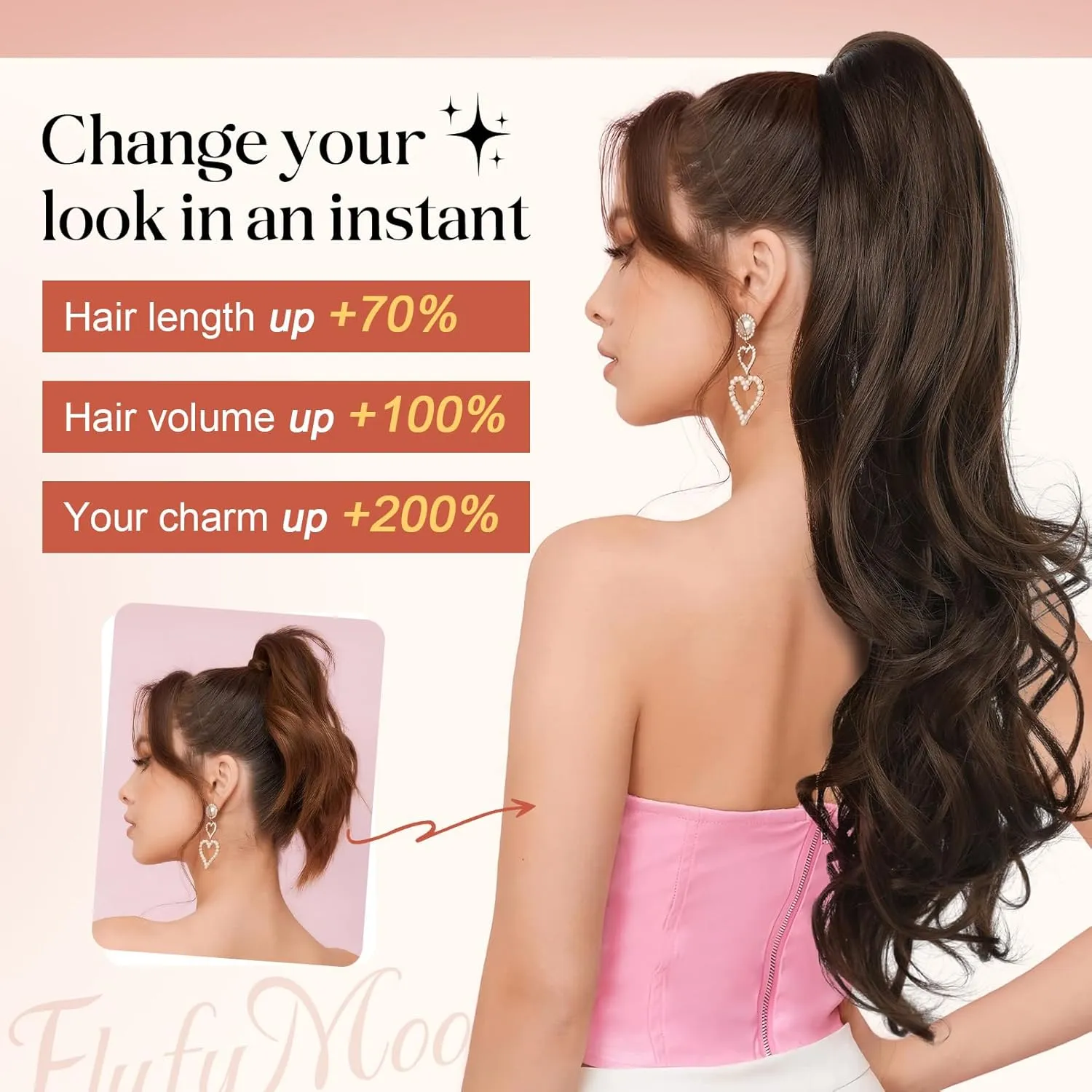 Flufymooz 26" Ponytail Extension, Long Wavy Curly Claw Clip in Ponytail Hair Extensions, Natural Synthetic Hairpiece for Women Daily Wear(Natural Black)