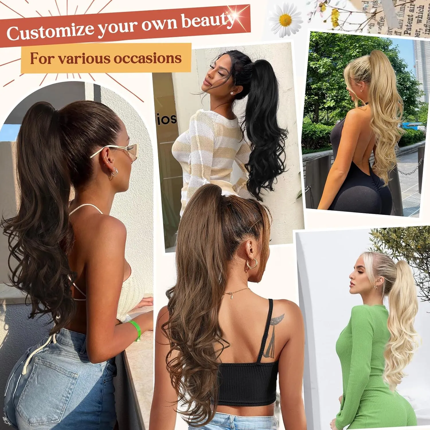 Flufymooz 26" Ponytail Extension, Long Wavy Curly Claw Clip in Ponytail Hair Extensions, Natural Synthetic Hairpiece for Women Daily Wear(Natural Black)