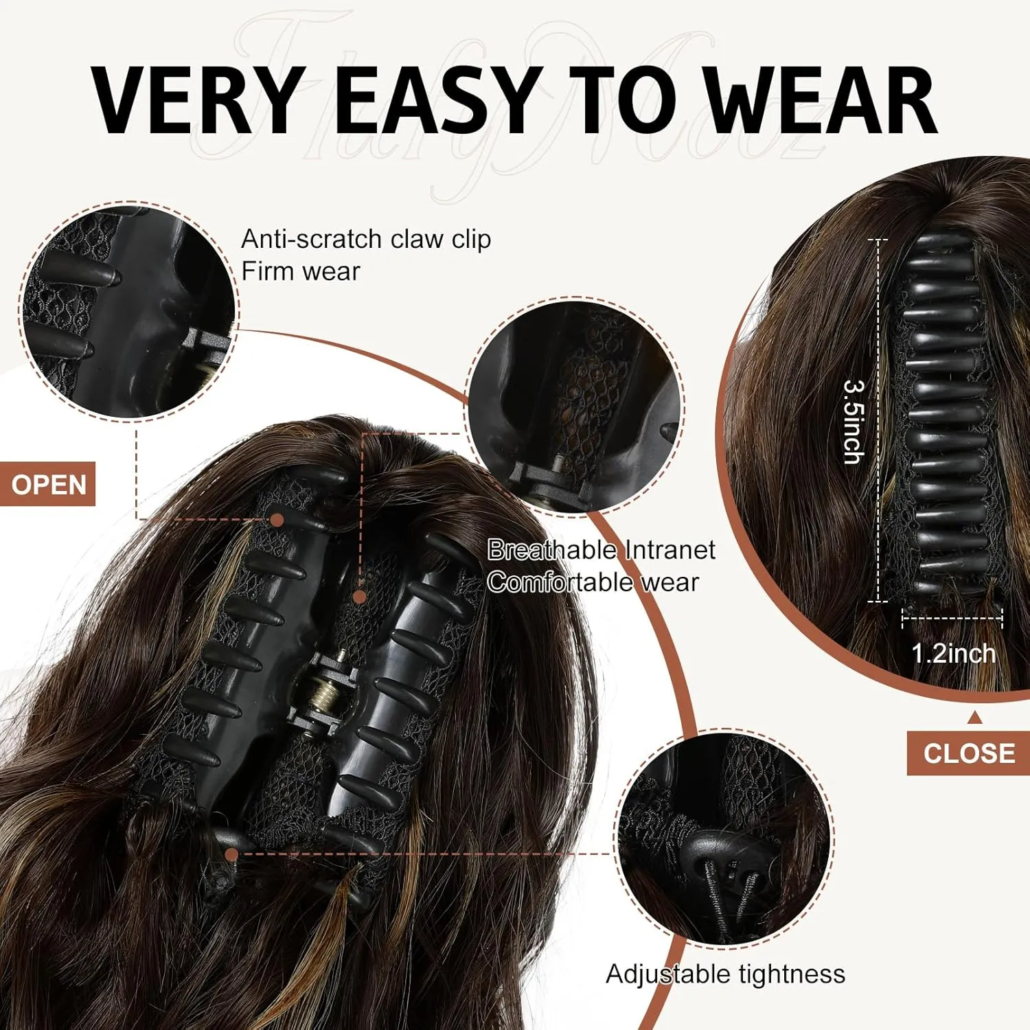 FLUFYMOOZ Ponytail Extension, 18 Inch Claw Clip Ponytail Extension, Wavy Curly Claw Clip in Ponytail Hair Extensions, Natural Fake Ponytail Synthetic Hairpiece for Women (Chocolate Brown with Blonde Highlights)