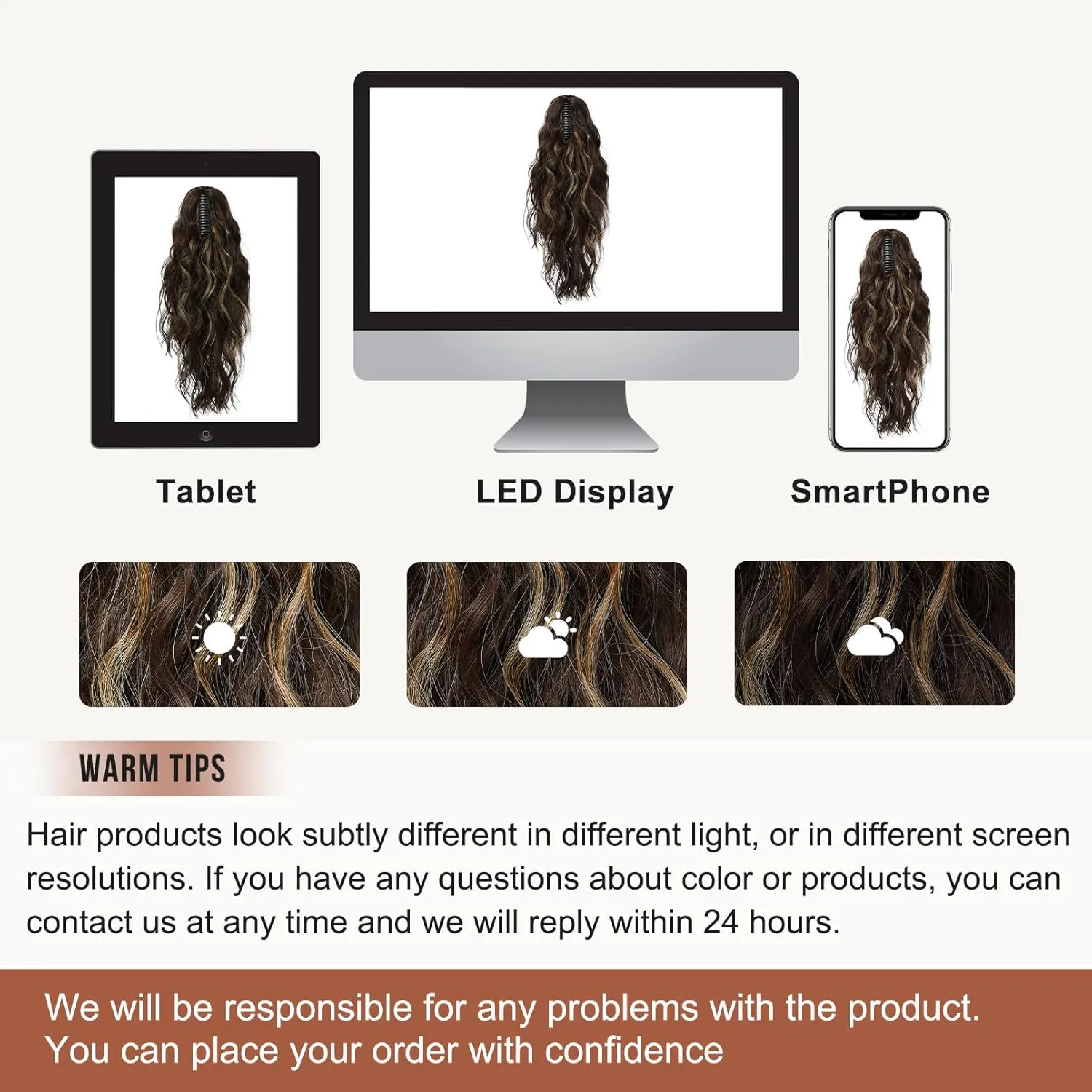 FLUFYMOOZ Ponytail Extension, 18 Inch Claw Clip Ponytail Extension, Wavy Curly Claw Clip in Ponytail Hair Extensions, Natural Fake Ponytail Synthetic Hairpiece for Women (Chocolate Brown with Blonde Highlights)