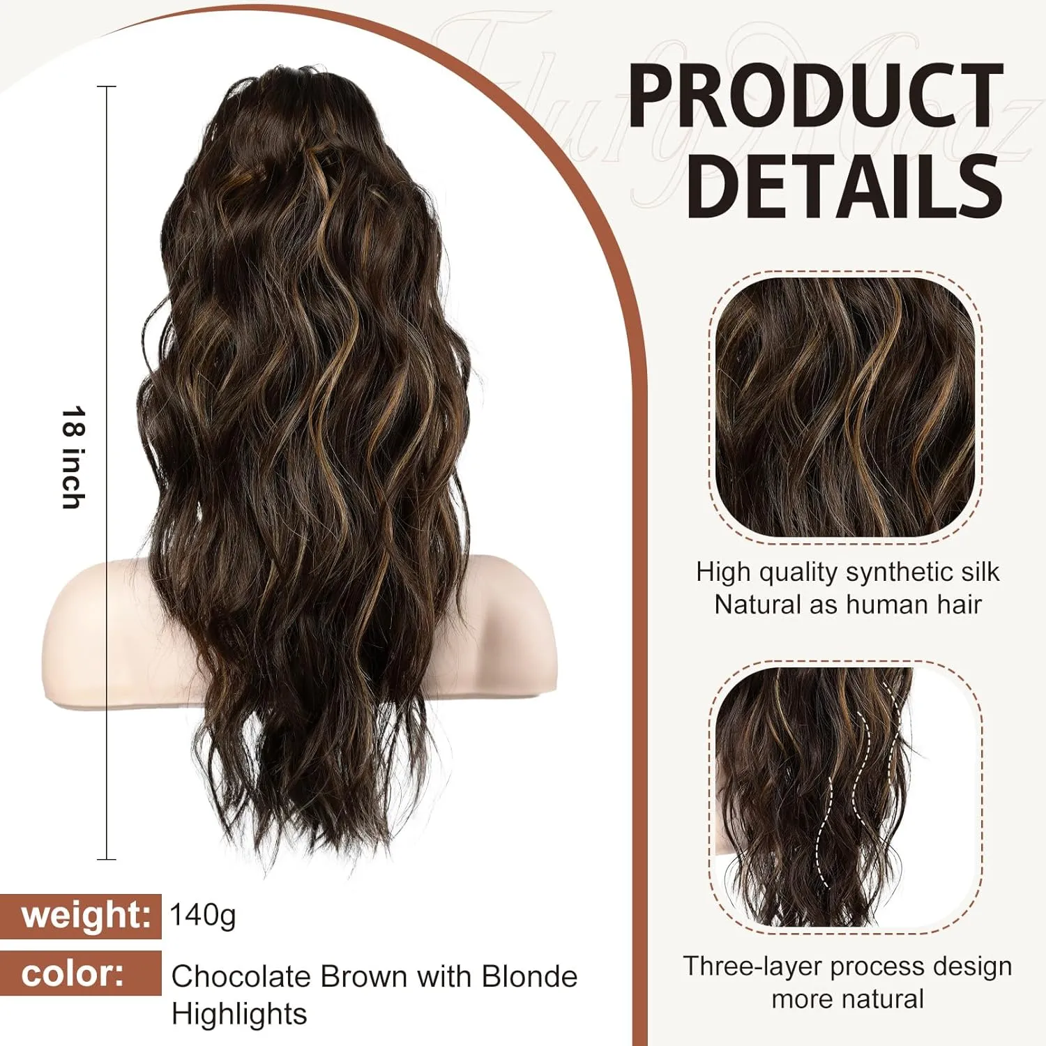 FLUFYMOOZ Ponytail Extension, 18 Inch Claw Clip Ponytail Extension, Wavy Curly Claw Clip in Ponytail Hair Extensions, Natural Fake Ponytail Synthetic Hairpiece for Women (Chocolate Brown with Blonde Highlights)