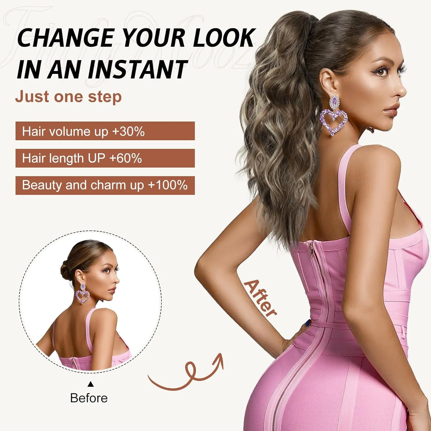FLUFYMOOZ Ponytail Extension, 18 Inch Claw Clip Ponytail Extension, Wavy Curly Claw Clip in Ponytail Hair Extensions, Natural Fake Ponytail Synthetic Hairpiece for Women (Chocolate Brown with Blonde Highlights)