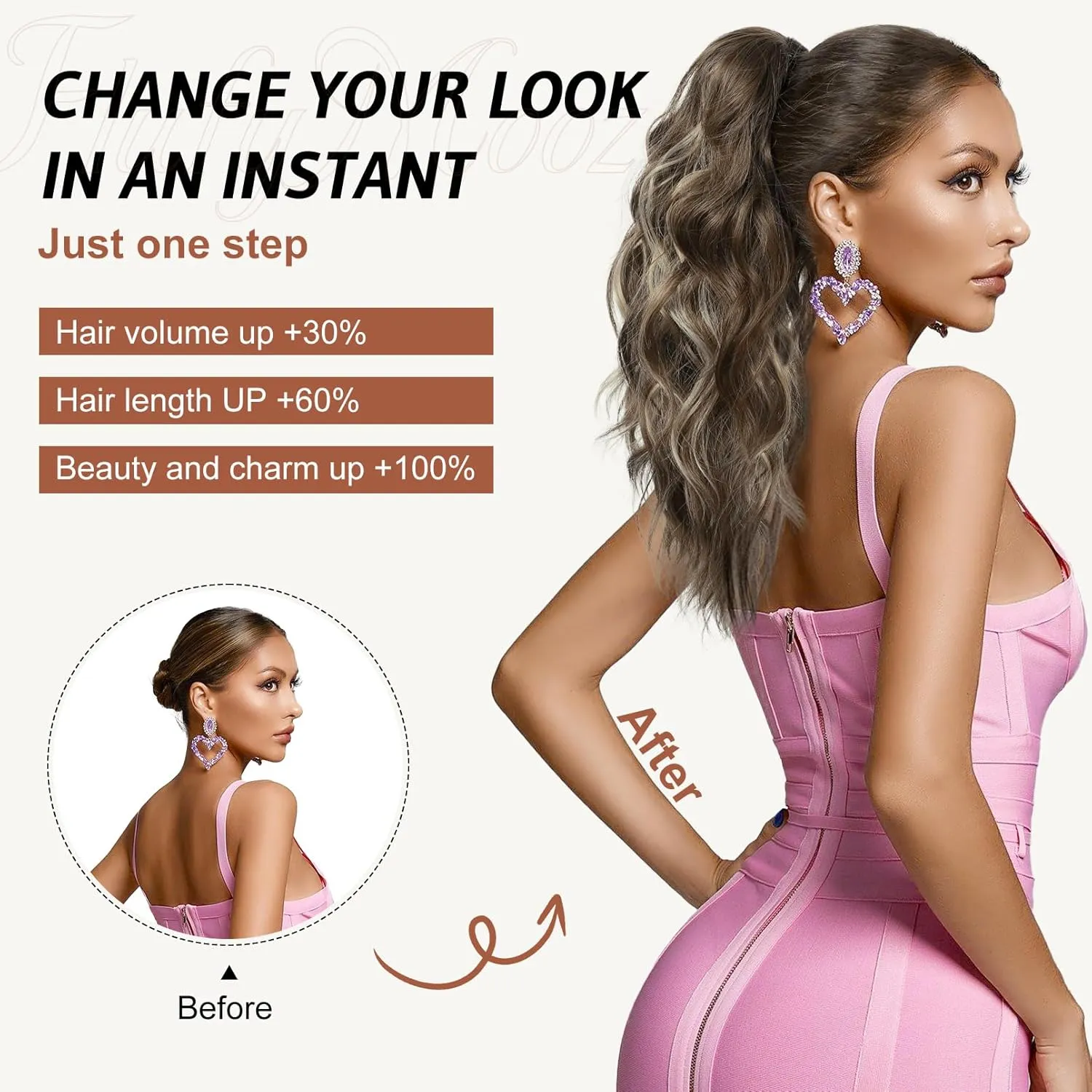 FLUFYMOOZ Ponytail Extension, 18 Inch Claw Clip Ponytail Extension, Wavy Curly Claw Clip in Ponytail Hair Extensions, Natural Fake Ponytail Synthetic Hairpiece for Women (Deep Brown with Dirty Blonde)