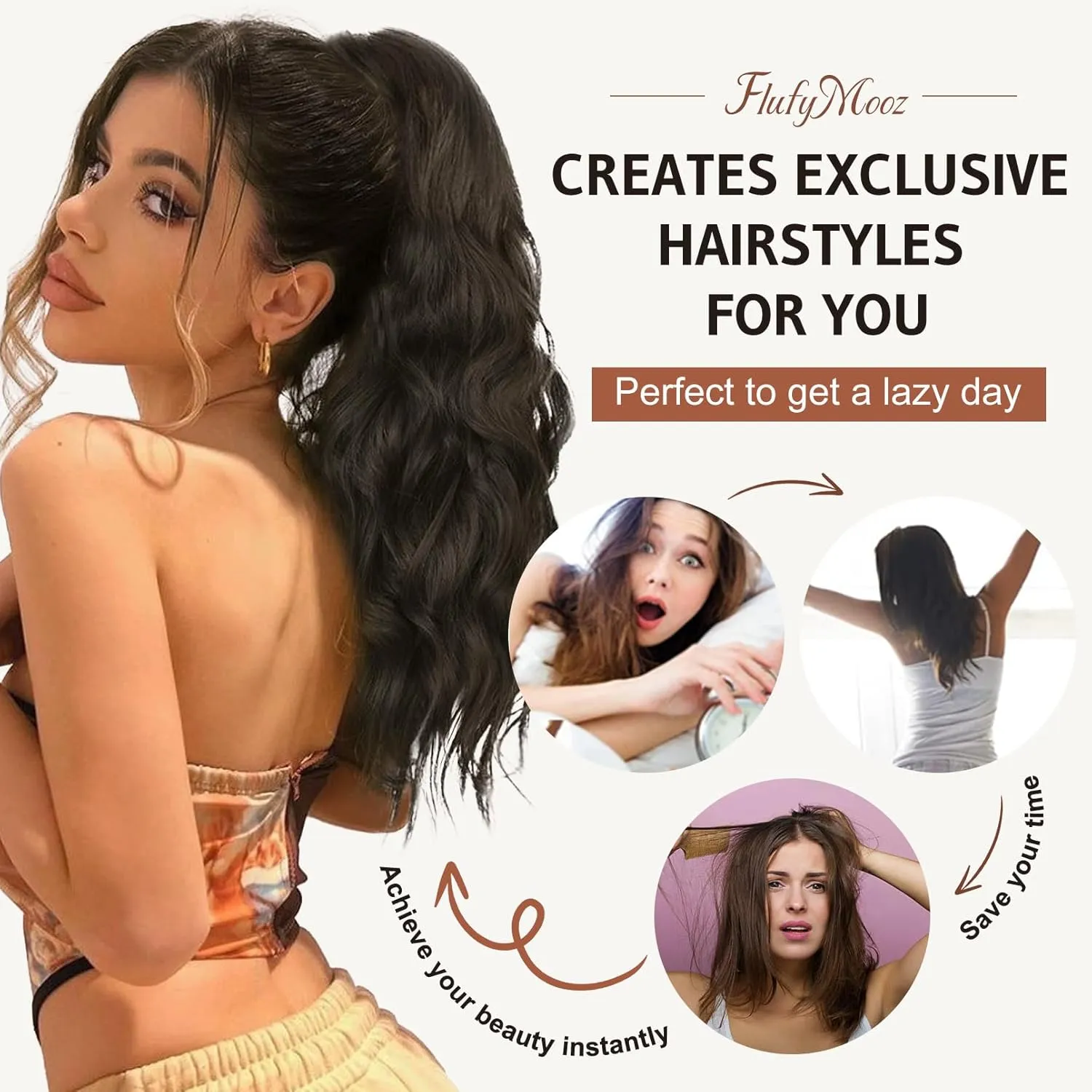 FLUFYMOOZ Ponytail Extension, 18 Inch Claw Clip Ponytail Extension, Wavy Curly Claw Clip in Ponytail Hair Extensions, Natural Fake Ponytail Synthetic Hairpiece for Women (Deep Brown with Dirty Blonde)