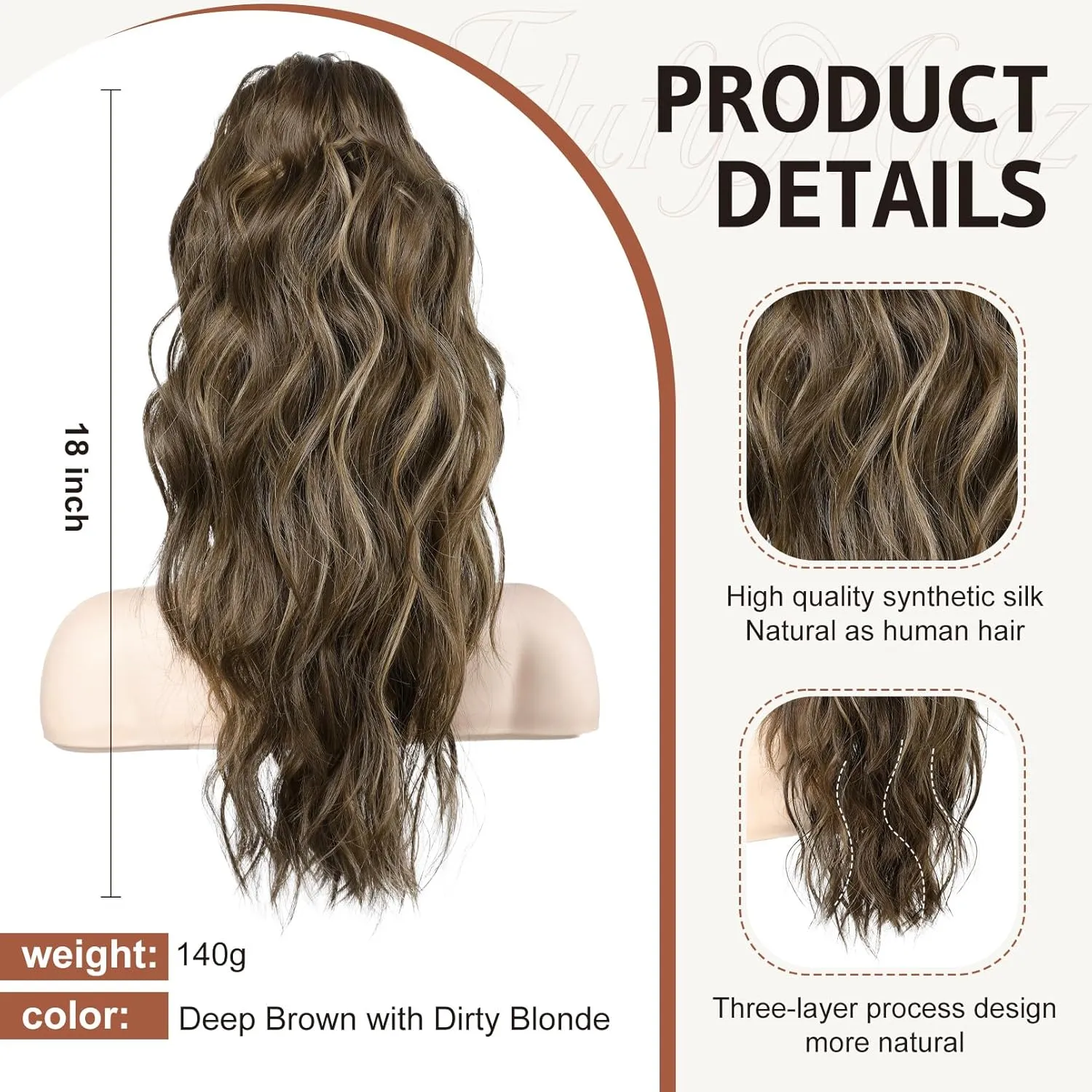 FLUFYMOOZ Ponytail Extension, 18 Inch Claw Clip Ponytail Extension, Wavy Curly Claw Clip in Ponytail Hair Extensions, Natural Fake Ponytail Synthetic Hairpiece for Women (Deep Brown with Dirty Blonde)