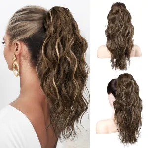 FLUFYMOOZ Ponytail Extension, 18 Inch Claw Clip Ponytail Extension, Wavy Curly Claw Clip in Ponytail Hair Extensions, Natural Fake Ponytail Synthetic Hairpiece for Women (Deep Brown with Dirty Blonde)