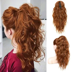 Flufymooz Ponytail Extension - 18 Inch Wavy Curly Claw Clip in Ponytail Hair Extensions, Natural Fake Synthetic Hairpiece for Women (Copper Red)