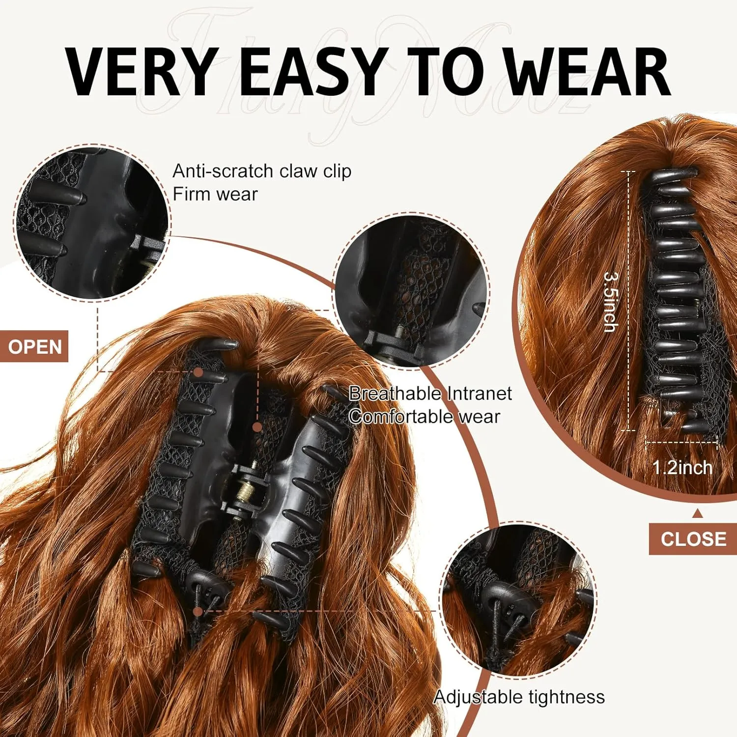 Flufymooz Ponytail Extension - 18 Inch Wavy Curly Claw Clip in Ponytail Hair Extensions, Natural Fake Synthetic Hairpiece for Women (Copper Red)