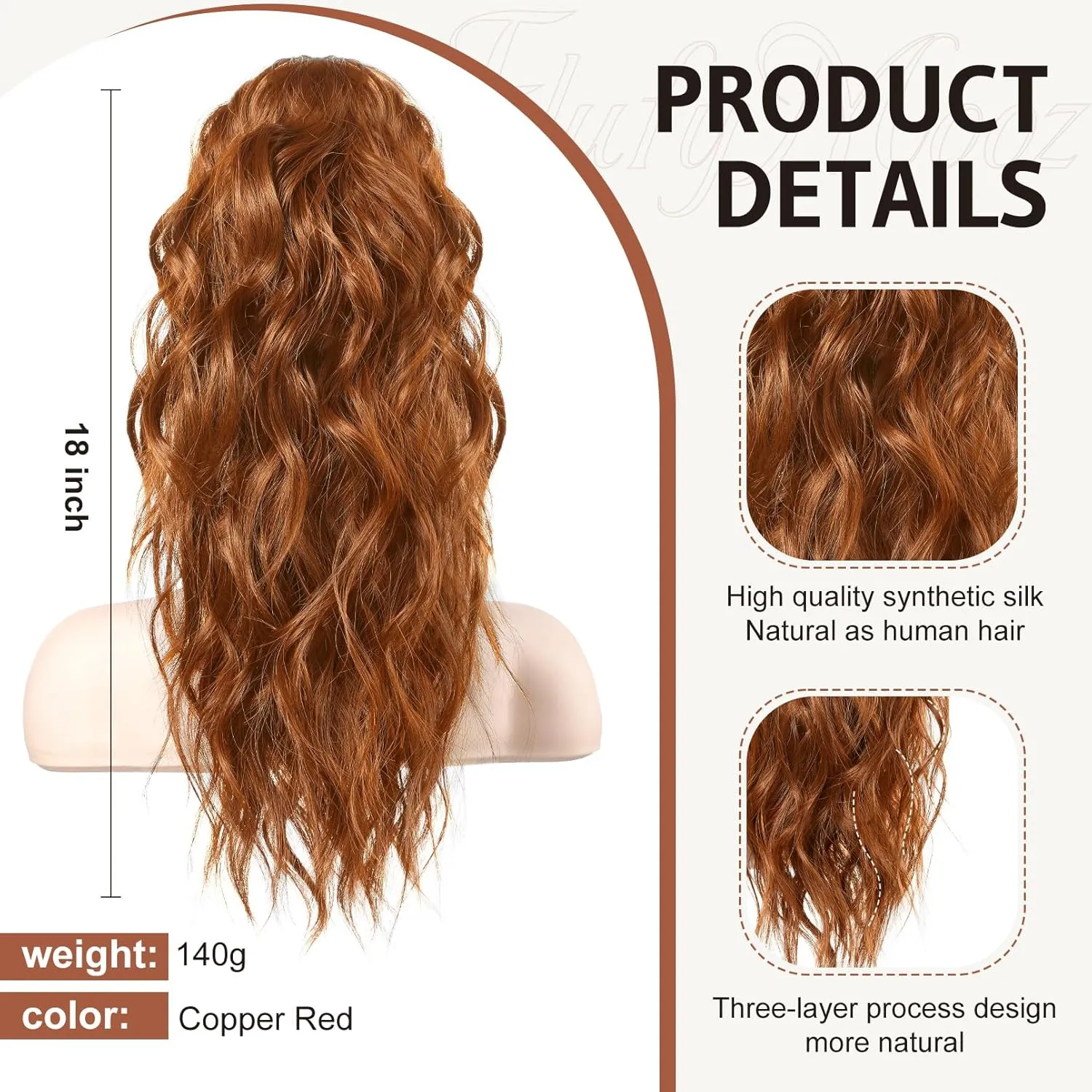 Flufymooz Ponytail Extension - 18 Inch Wavy Curly Claw Clip in Ponytail Hair Extensions, Natural Fake Synthetic Hairpiece for Women (Copper Red)