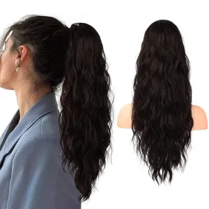 Flufymooz Ponytail Extension, 22 Inch Drawstring Ponytail Hair Extensions for Women， Long Curly Wavy Pony Tail Natural Wavy Synthetic Hairpiece for Women Daily Use party (22 Inch Black Brown)