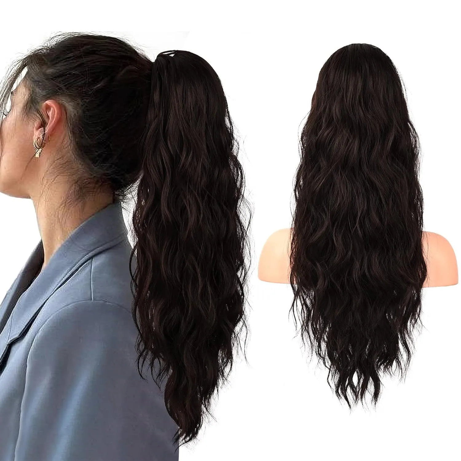 Flufymooz Ponytail Extension, 22 Inch Drawstring Ponytail Hair Extensions for Women， Long Curly Wavy Pony Tail Natural Wavy Synthetic Hairpiece for Women Daily Use party (22 Inch Black Brown)