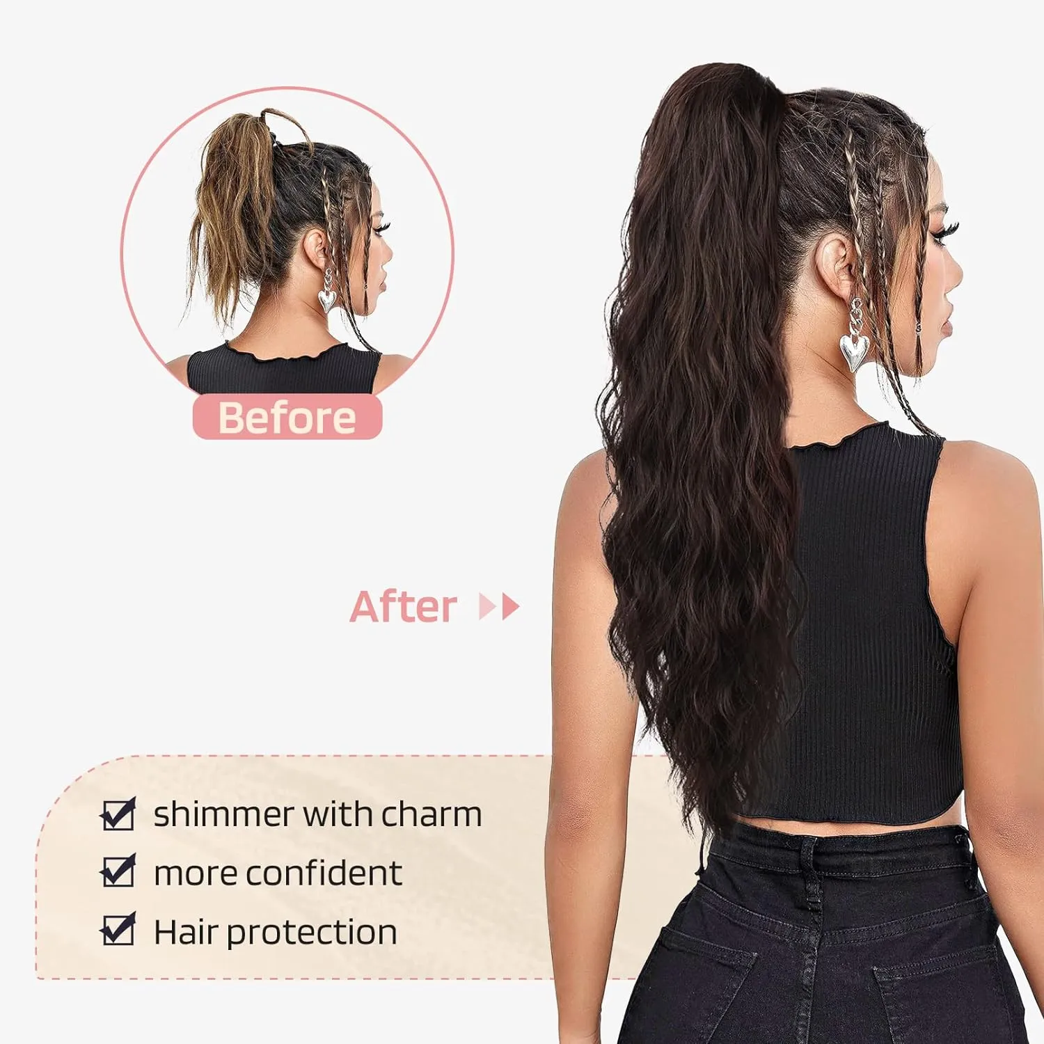 Flufymooz Ponytail Extension, 22 Inch Drawstring Ponytail Hair Extensions for Women， Long Curly Wavy Pony Tail Natural Wavy Synthetic Hairpiece for Women Daily Use party (22 Inch Black Brown)