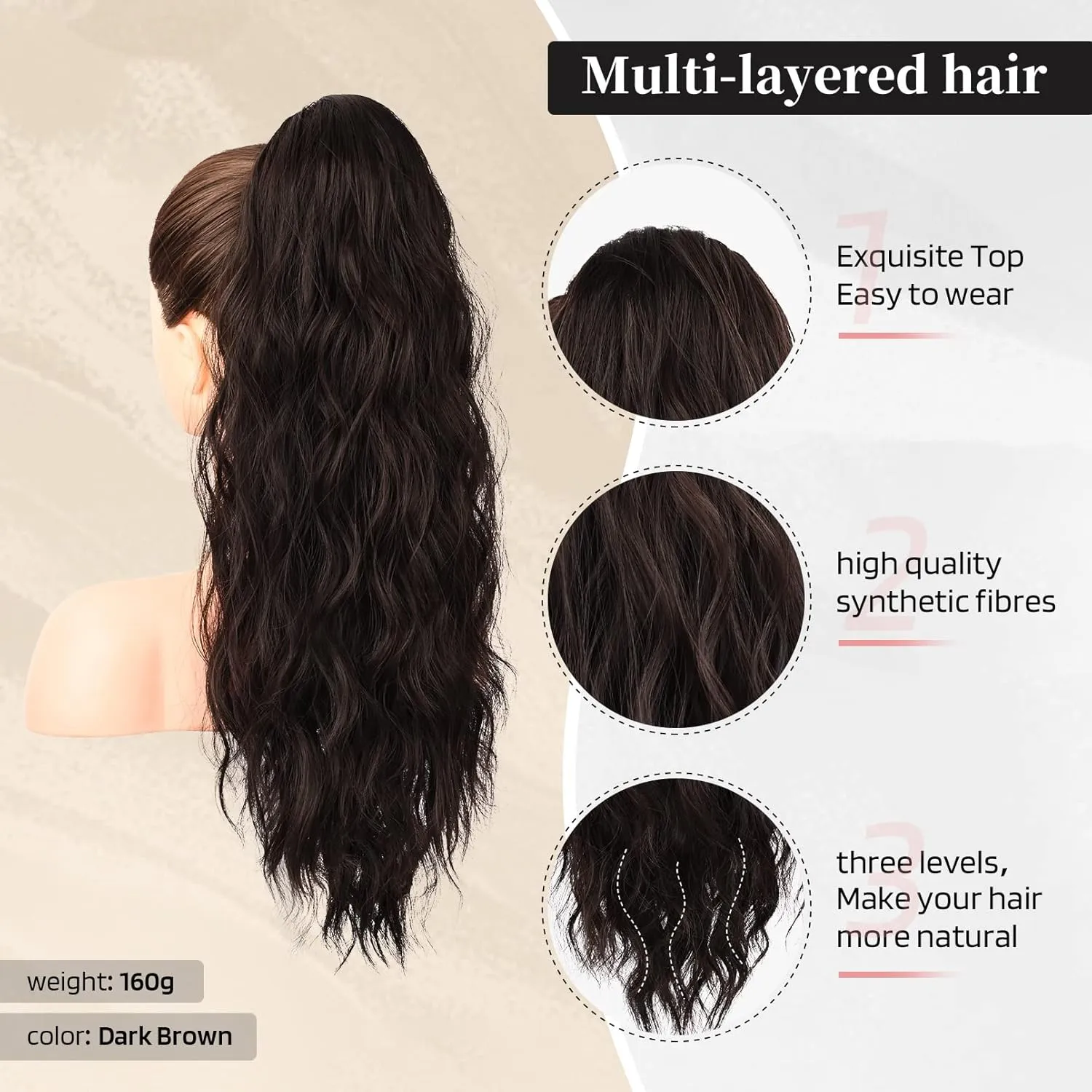 Flufymooz Ponytail Extension, 22 Inch Drawstring Ponytail Hair Extensions for Women， Long Curly Wavy Pony Tail Natural Wavy Synthetic Hairpiece for Women Daily Use party (22 Inch Black Brown)