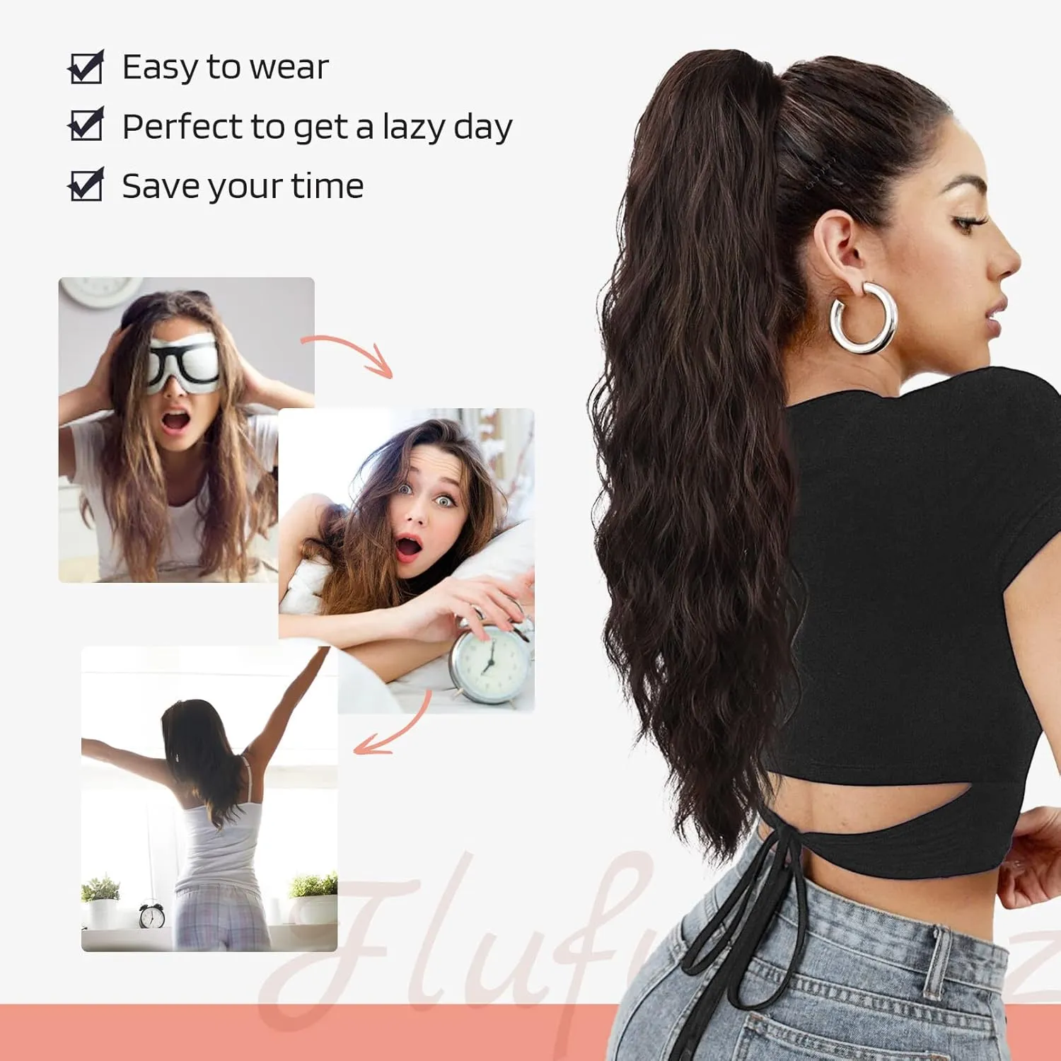 Flufymooz Ponytail Extension, 22 Inch Drawstring Ponytail Hair Extensions for Women， Long Curly Wavy Pony Tail Natural Wavy Synthetic Hairpiece for Women Daily Use party (22 Inch Black Brown)