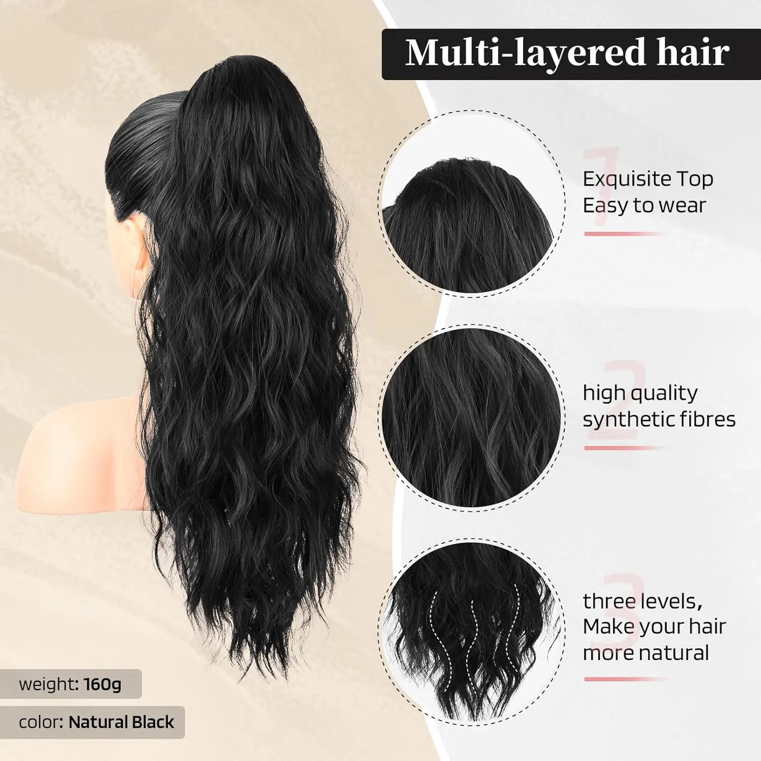 Flufymooz Ponytail Extension, 22 Inch Drawstring Ponytail Hair Extensions for Women， Long Curly Wavy Pony Tail Natural Wavy Synthetic Hairpiece for Women Daily Use party (22 Inch Natural Black)