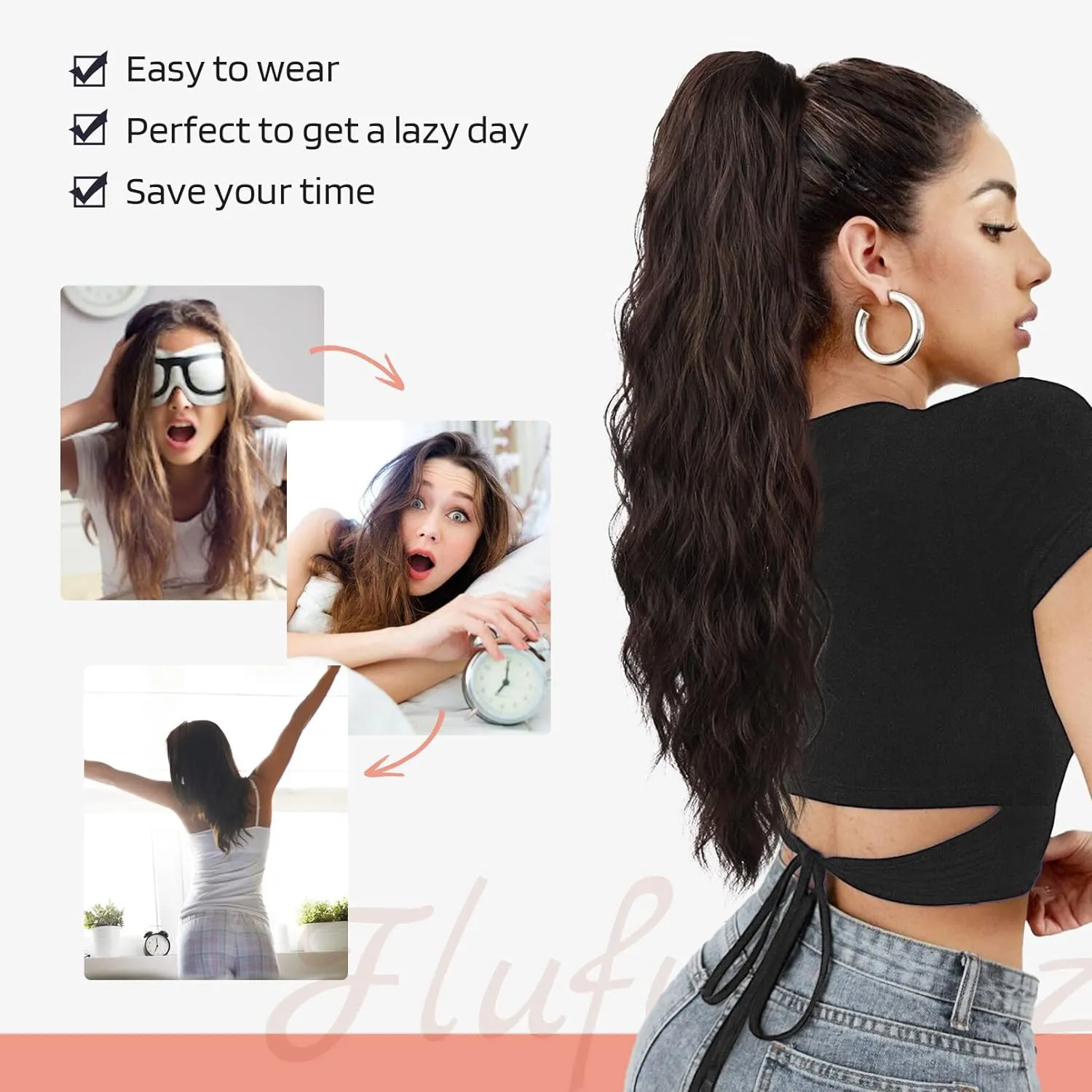 Flufymooz Ponytail Extension, 22 Inch Drawstring Ponytail Hair Extensions for Women， Long Curly Wavy Pony Tail Natural Wavy Synthetic Hairpiece for Women Daily Use party (22 Inch Natural Black)