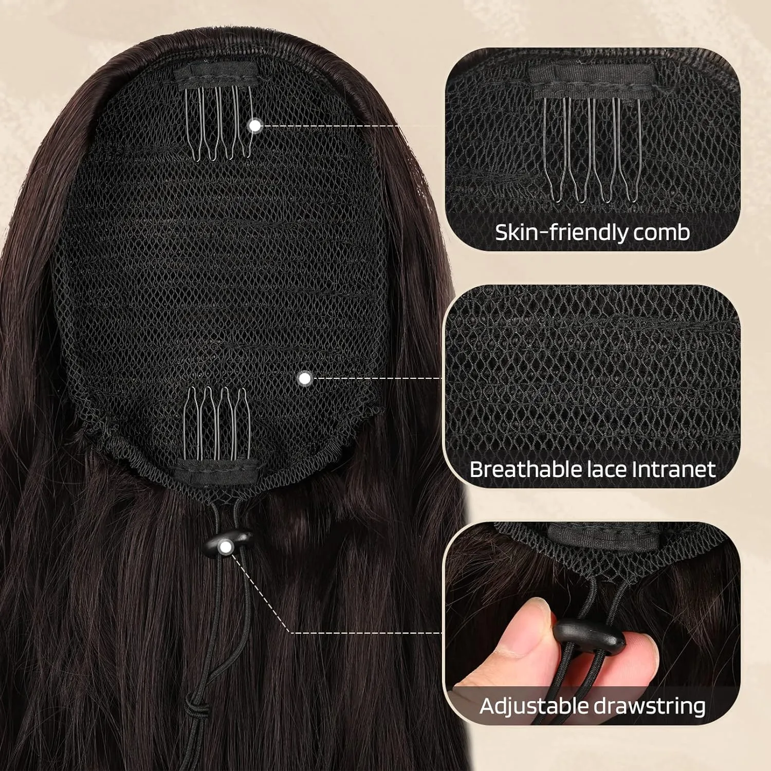 Flufymooz Ponytail Extension, 22 Inch Drawstring Ponytail Hair Extensions for Women， Long Curly Wavy Pony Tail Natural Wavy Synthetic Hairpiece for Women Daily Use party (22 Inch Natural Black)