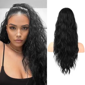Flufymooz Ponytail Extension, 22 Inch Drawstring Ponytail Hair Extensions for Women， Long Curly Wavy Pony Tail Natural Wavy Synthetic Hairpiece for Women Daily Use party (22 Inch Natural Black)