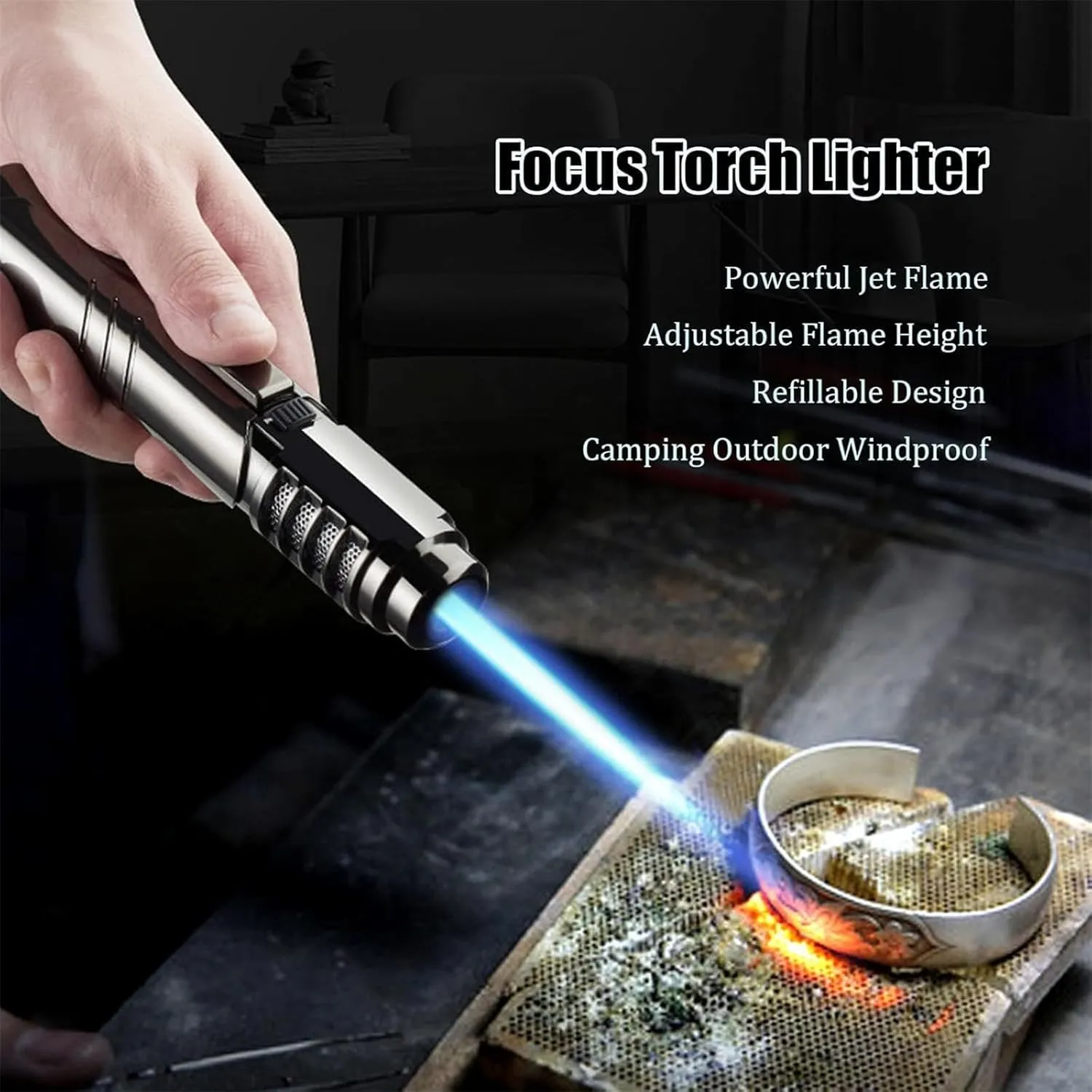 Focus Torch Lighter, Focus Torch, Camping Outdoor Windproof Straight Flame Lighter, Portable Adjustable Refillable with Safety Lock for Outdoor BBQ Camping Kitchen Cooking (Silver)