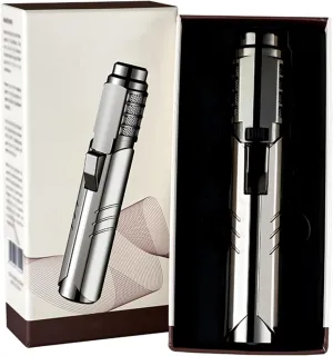 Focus Torch Lighter, Focus Torch, Camping Outdoor Windproof Straight Flame Lighter, Portable Adjustable Refillable with Safety Lock for Outdoor BBQ Camping Kitchen Cooking (Silver)